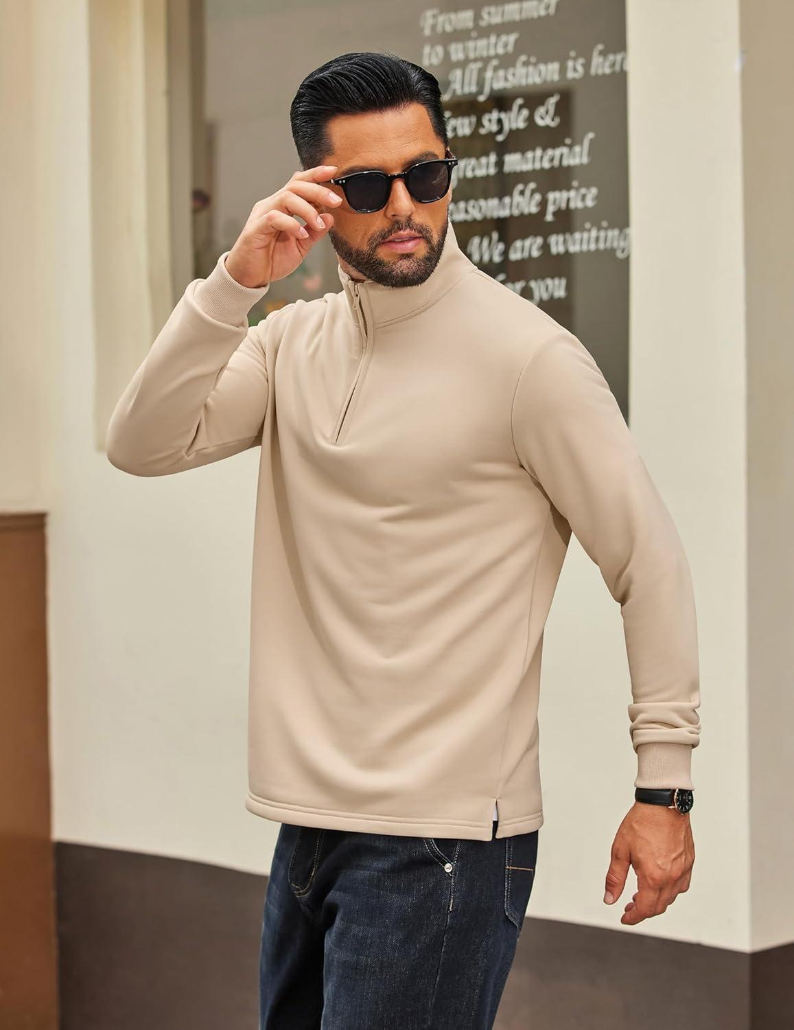 imageCOOFANDY Mens Quarter Zip Pullover Mock Neck Quilted Sweatshirt Lightweight Slim Fit Casual Long Sleeve Polo ShirtLight Khaki