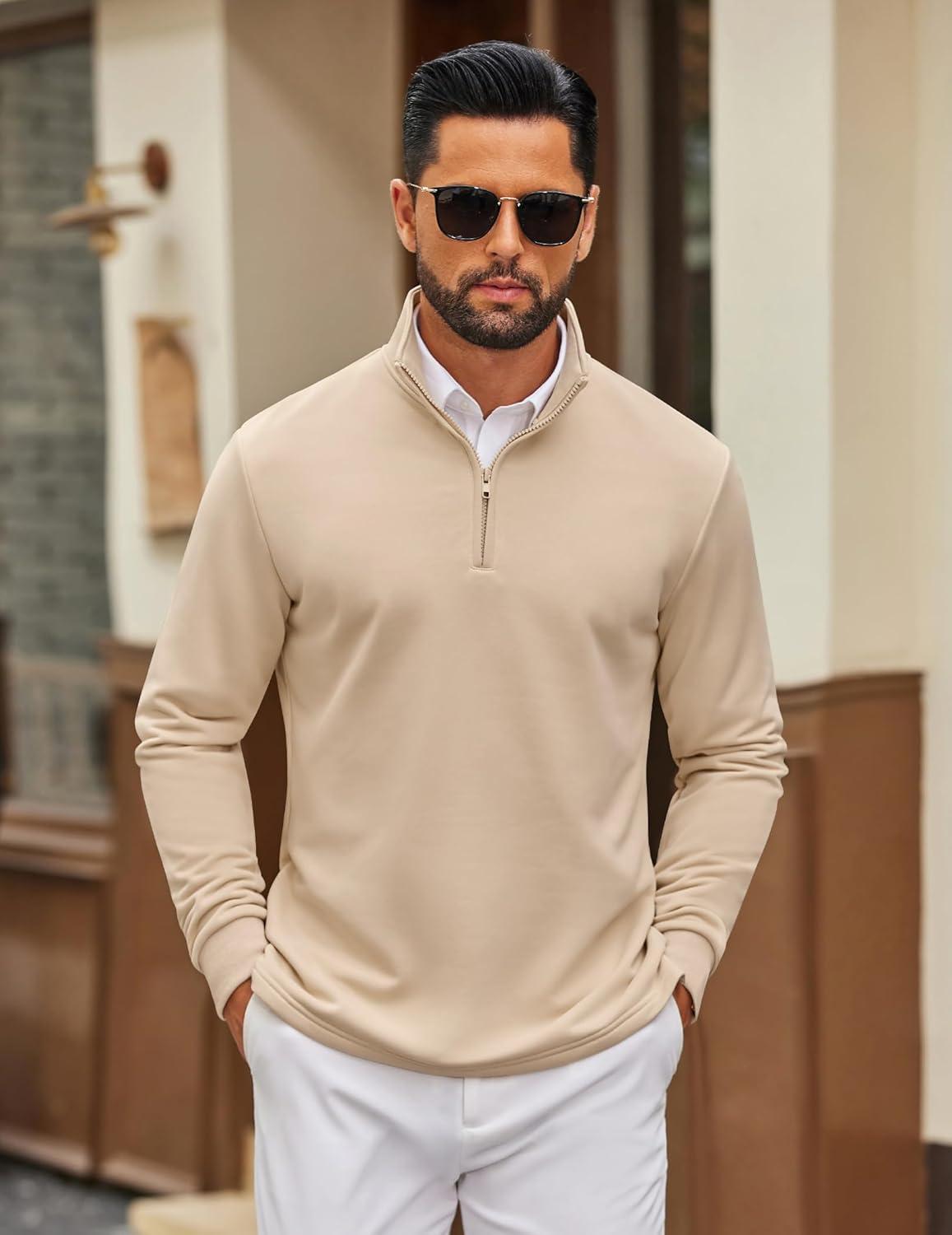 imageCOOFANDY Mens Quarter Zip Pullover Mock Neck Quilted Sweatshirt Lightweight Slim Fit Casual Long Sleeve Polo ShirtLight Khaki