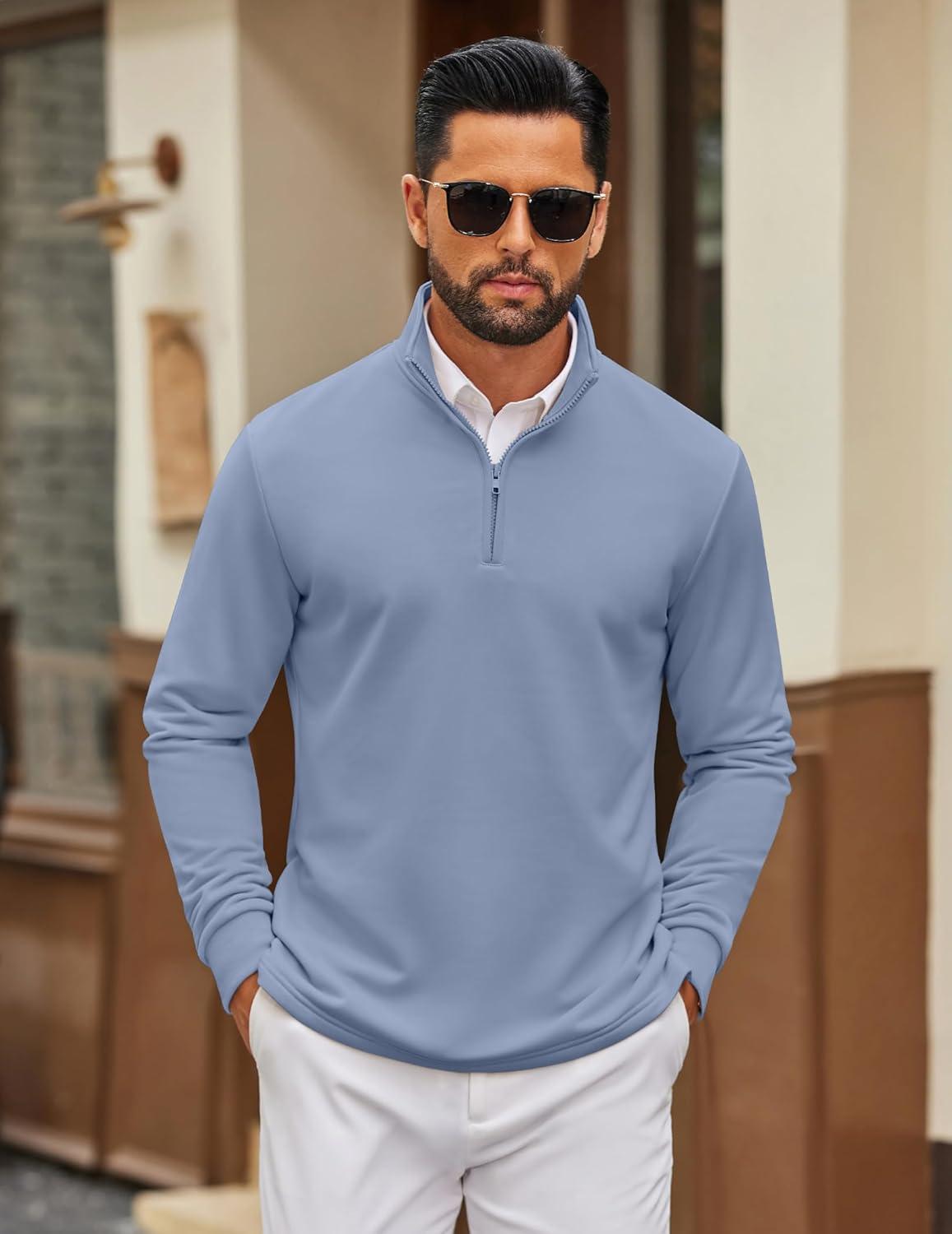 imageCOOFANDY Mens Quarter Zip Pullover Mock Neck Quilted Sweatshirt Lightweight Slim Fit Casual Long Sleeve Polo ShirtSky Blue