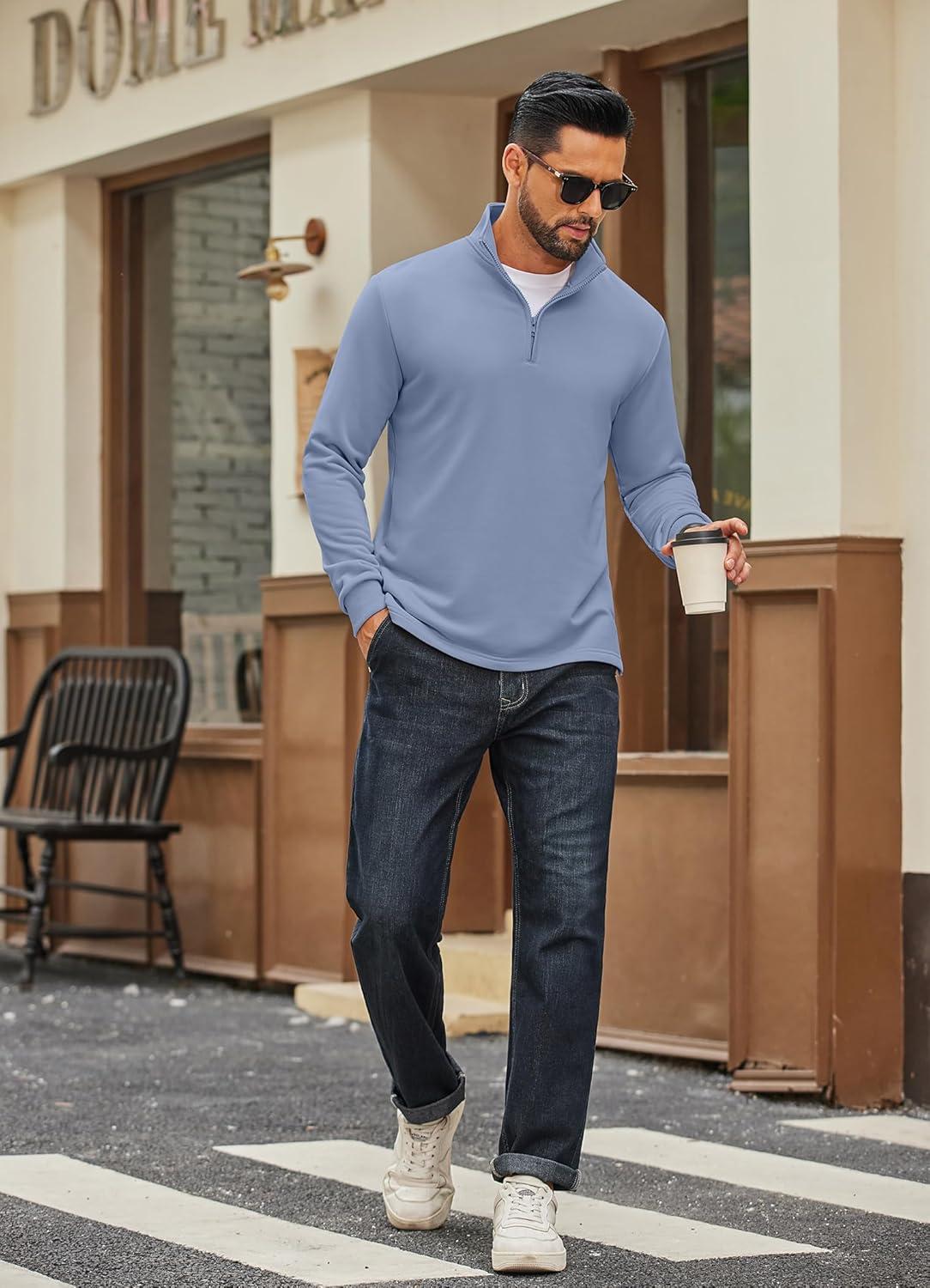 imageCOOFANDY Mens Quarter Zip Pullover Mock Neck Quilted Sweatshirt Lightweight Slim Fit Casual Long Sleeve Polo ShirtSky Blue