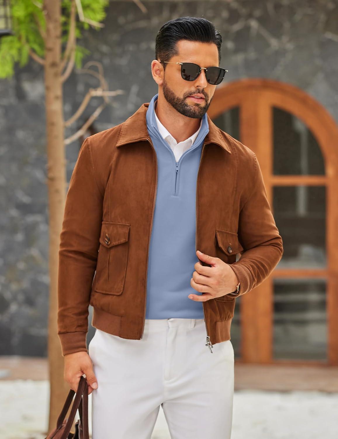 imageCOOFANDY Mens Quarter Zip Pullover Mock Neck Quilted Sweatshirt Lightweight Slim Fit Casual Long Sleeve Polo ShirtSky Blue