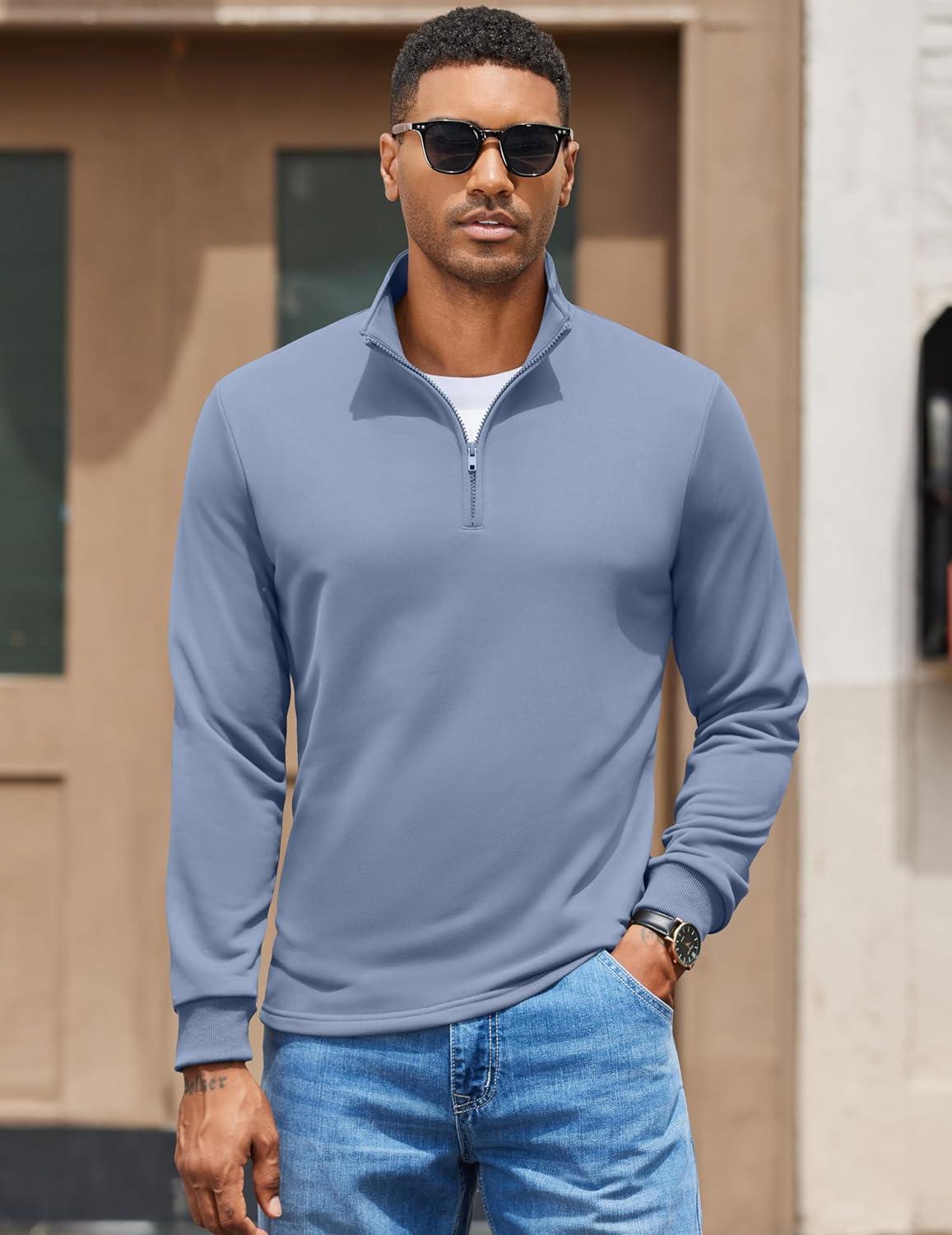 imageCOOFANDY Mens Quarter Zip Pullover Mock Neck Quilted Sweatshirt Lightweight Slim Fit Casual Long Sleeve Polo ShirtSky Blue