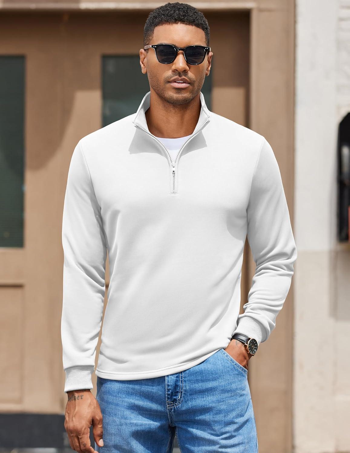 imageCOOFANDY Mens Quarter Zip Pullover Mock Neck Quilted Sweatshirt Lightweight Slim Fit Casual Long Sleeve Polo ShirtWhite