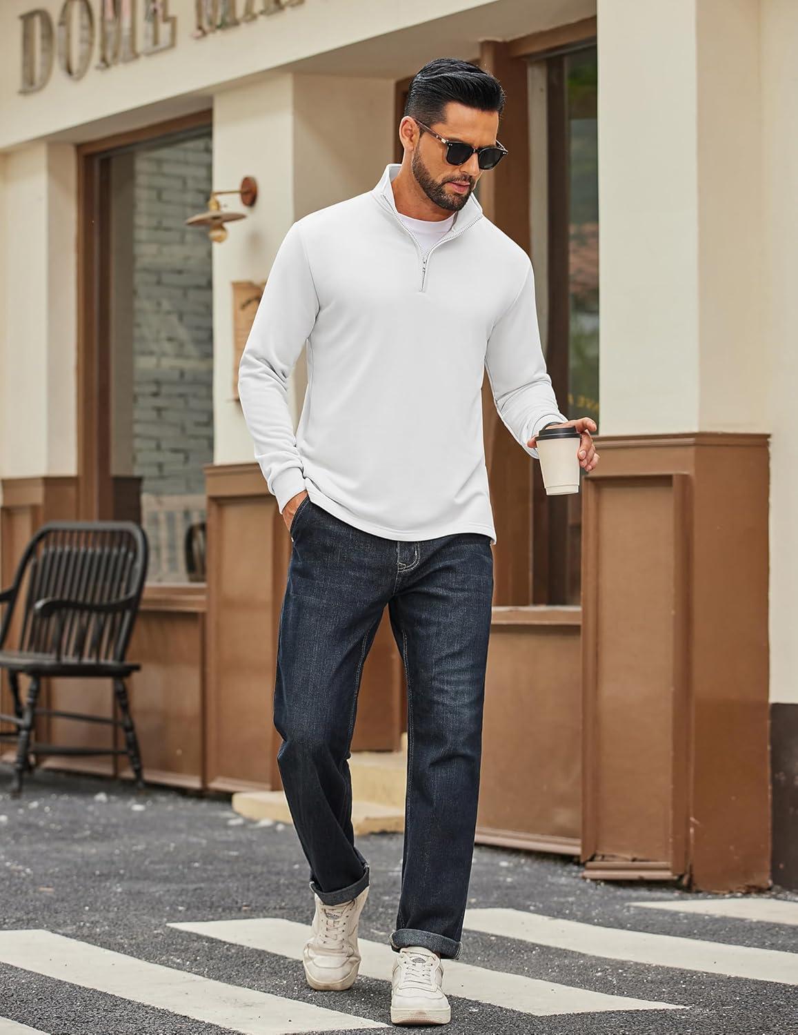 imageCOOFANDY Mens Quarter Zip Pullover Mock Neck Quilted Sweatshirt Lightweight Slim Fit Casual Long Sleeve Polo ShirtWhite