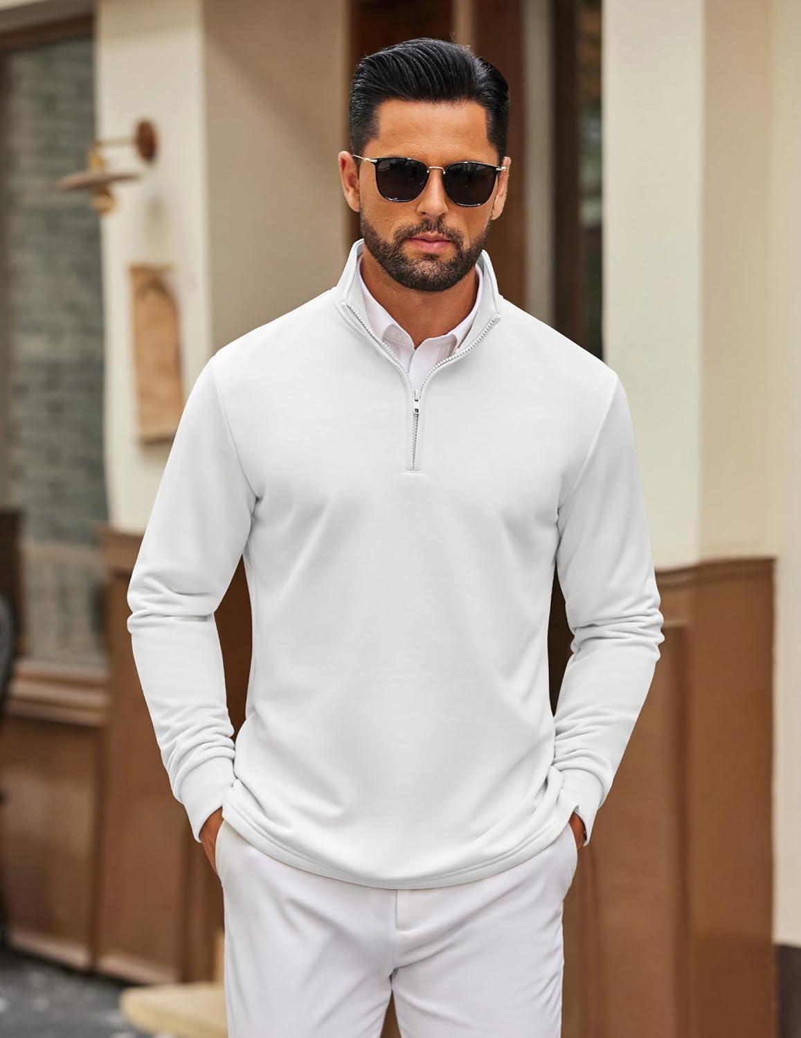 imageCOOFANDY Mens Quarter Zip Pullover Mock Neck Quilted Sweatshirt Lightweight Slim Fit Casual Long Sleeve Polo ShirtWhite