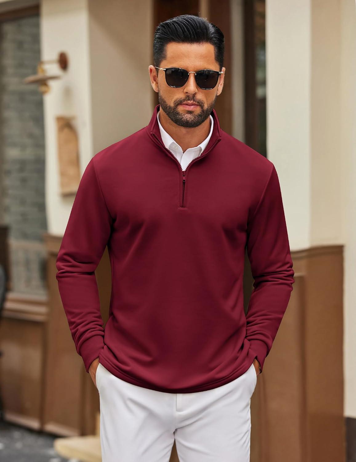 imageCOOFANDY Mens Quarter Zip Pullover Mock Neck Quilted Sweatshirt Lightweight Slim Fit Casual Long Sleeve Polo ShirtWine Red