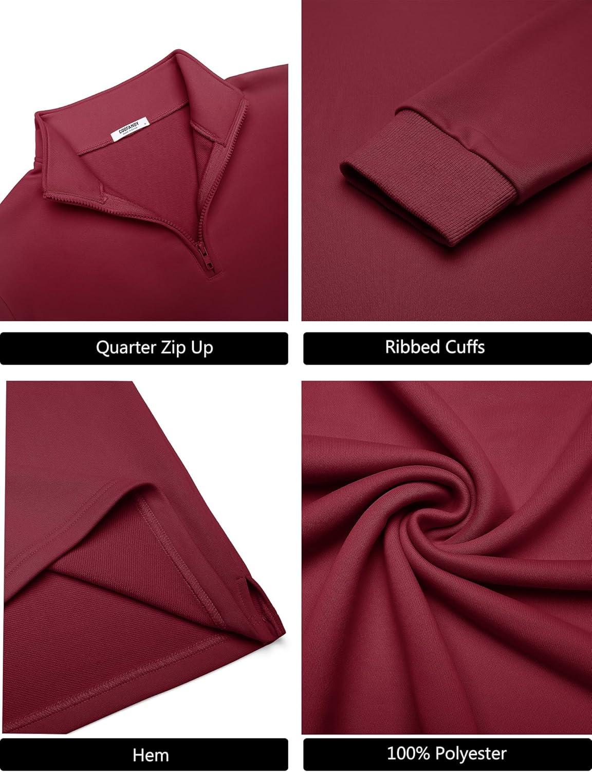 imageCOOFANDY Mens Quarter Zip Pullover Mock Neck Quilted Sweatshirt Lightweight Slim Fit Casual Long Sleeve Polo ShirtWine Red
