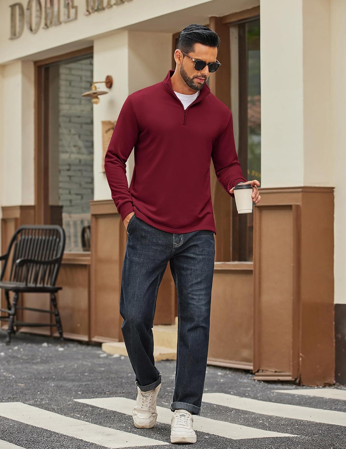 imageCOOFANDY Mens Quarter Zip Pullover Mock Neck Quilted Sweatshirt Lightweight Slim Fit Casual Long Sleeve Polo ShirtWine Red