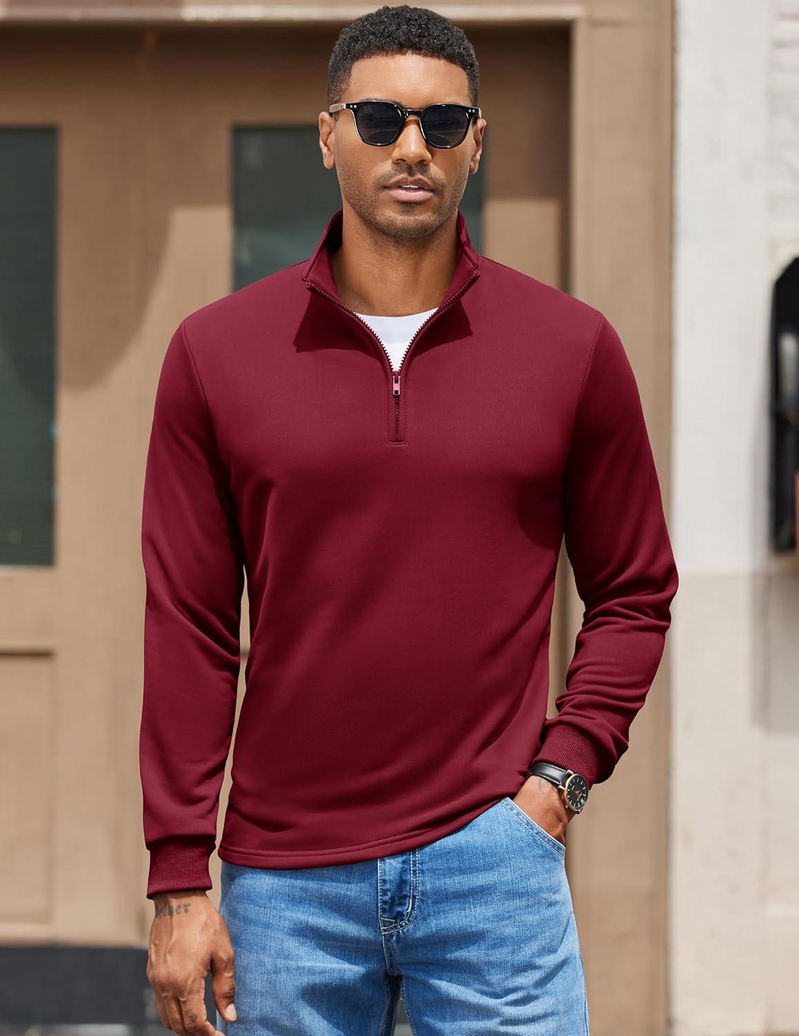 imageCOOFANDY Mens Quarter Zip Pullover Mock Neck Quilted Sweatshirt Lightweight Slim Fit Casual Long Sleeve Polo ShirtWine Red