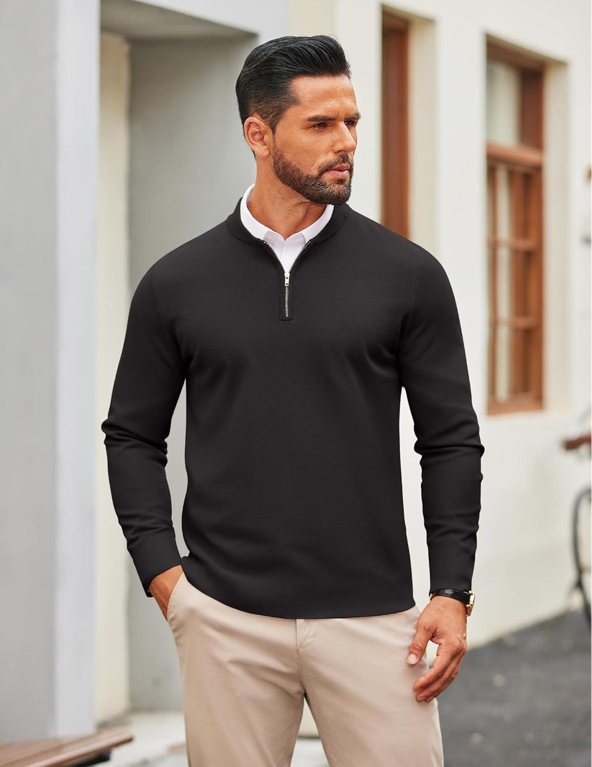 imageCOOFANDY Mens Quarter Zip Pullover Slim Fit Knit Sweater Lightweight Mock Neck Casual SweatersBlack