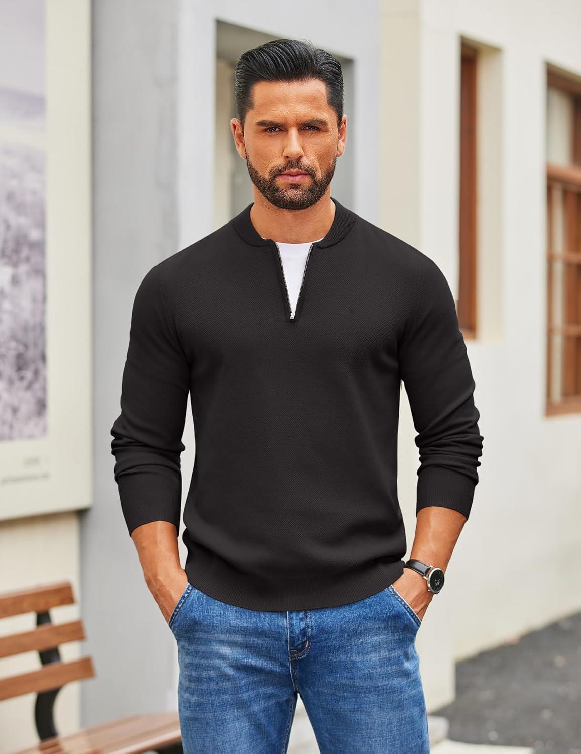 imageCOOFANDY Mens Quarter Zip Pullover Slim Fit Knit Sweater Lightweight Mock Neck Casual SweatersBlack