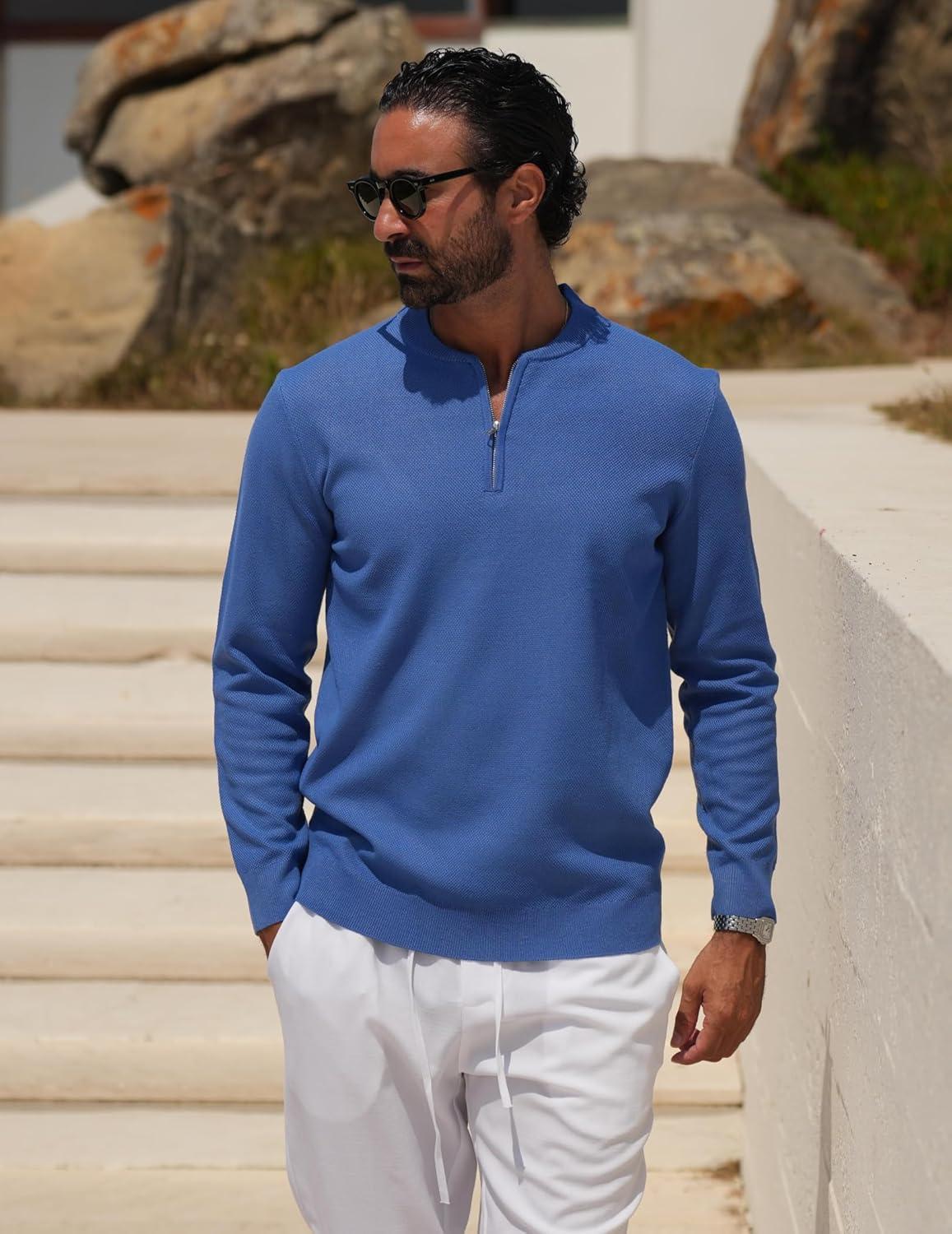 imageCOOFANDY Mens Quarter Zip Pullover Slim Fit Knit Sweater Lightweight Mock Neck Casual SweatersBlue
