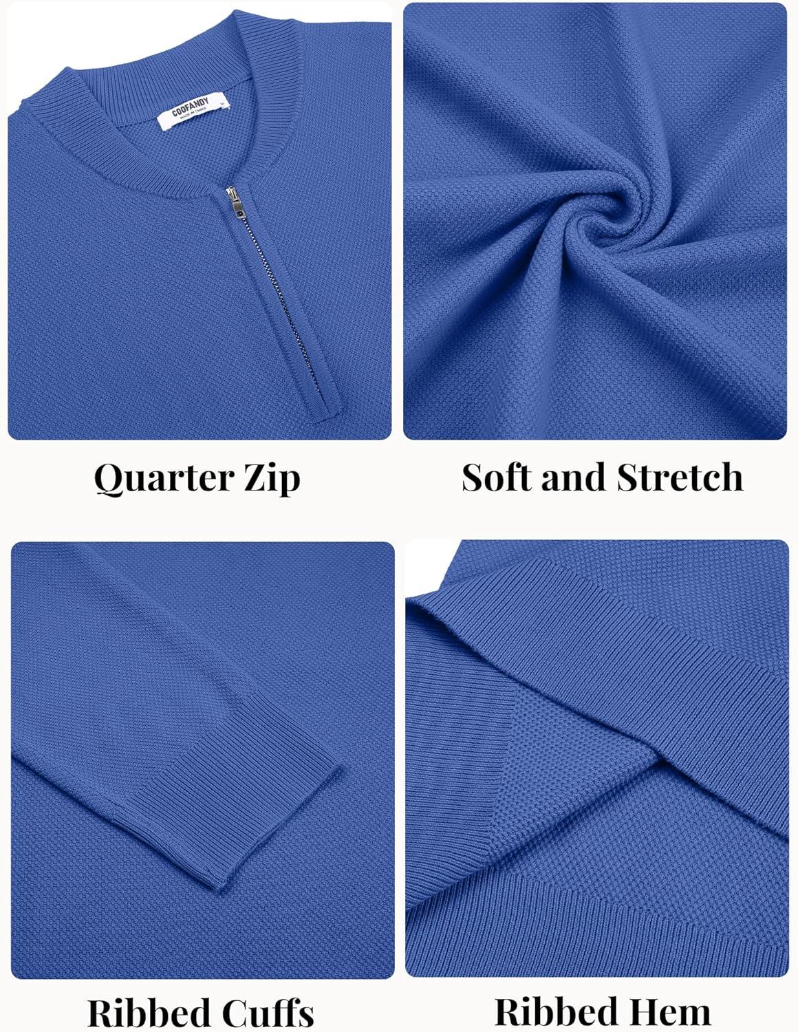 imageCOOFANDY Mens Quarter Zip Pullover Slim Fit Knit Sweater Lightweight Mock Neck Casual SweatersBlue