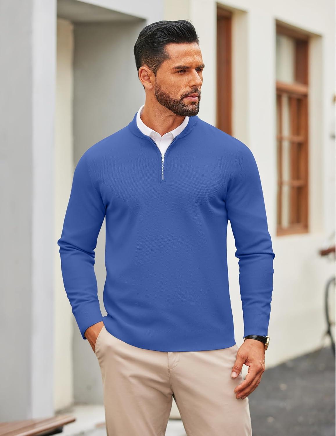imageCOOFANDY Mens Quarter Zip Pullover Slim Fit Knit Sweater Lightweight Mock Neck Casual SweatersBlue