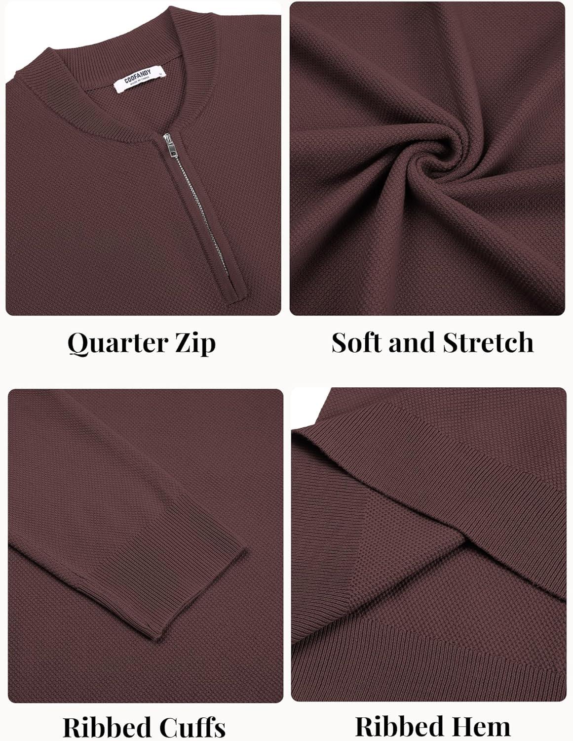 imageCOOFANDY Mens Quarter Zip Pullover Slim Fit Knit Sweater Lightweight Mock Neck Casual SweatersBrown