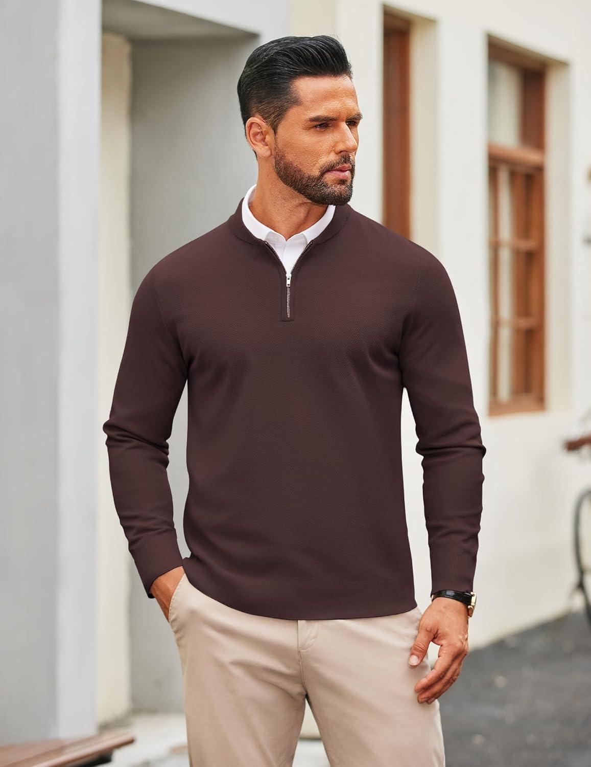 imageCOOFANDY Mens Quarter Zip Pullover Slim Fit Knit Sweater Lightweight Mock Neck Casual SweatersBrown