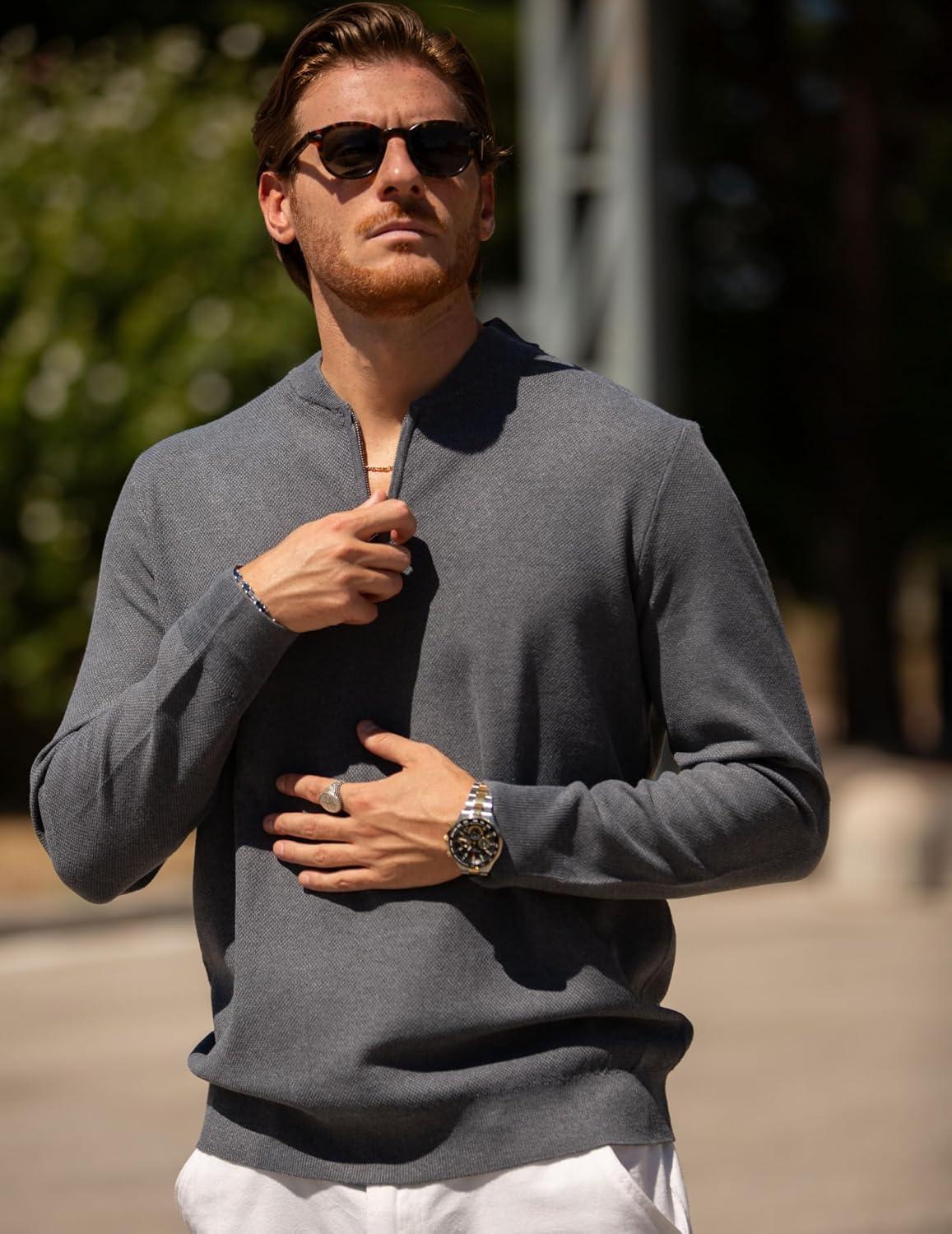 imageCOOFANDY Mens Quarter Zip Pullover Slim Fit Knit Sweater Lightweight Mock Neck Casual SweatersDark Grey