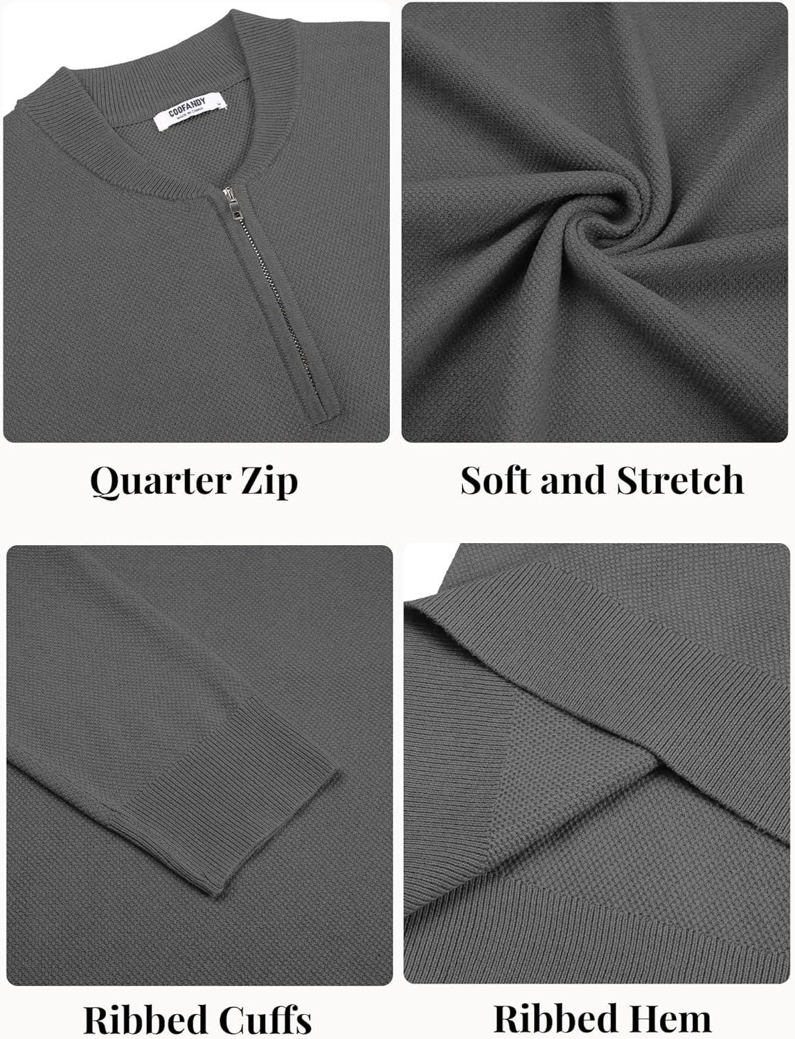 imageCOOFANDY Mens Quarter Zip Pullover Slim Fit Knit Sweater Lightweight Mock Neck Casual SweatersDark Grey