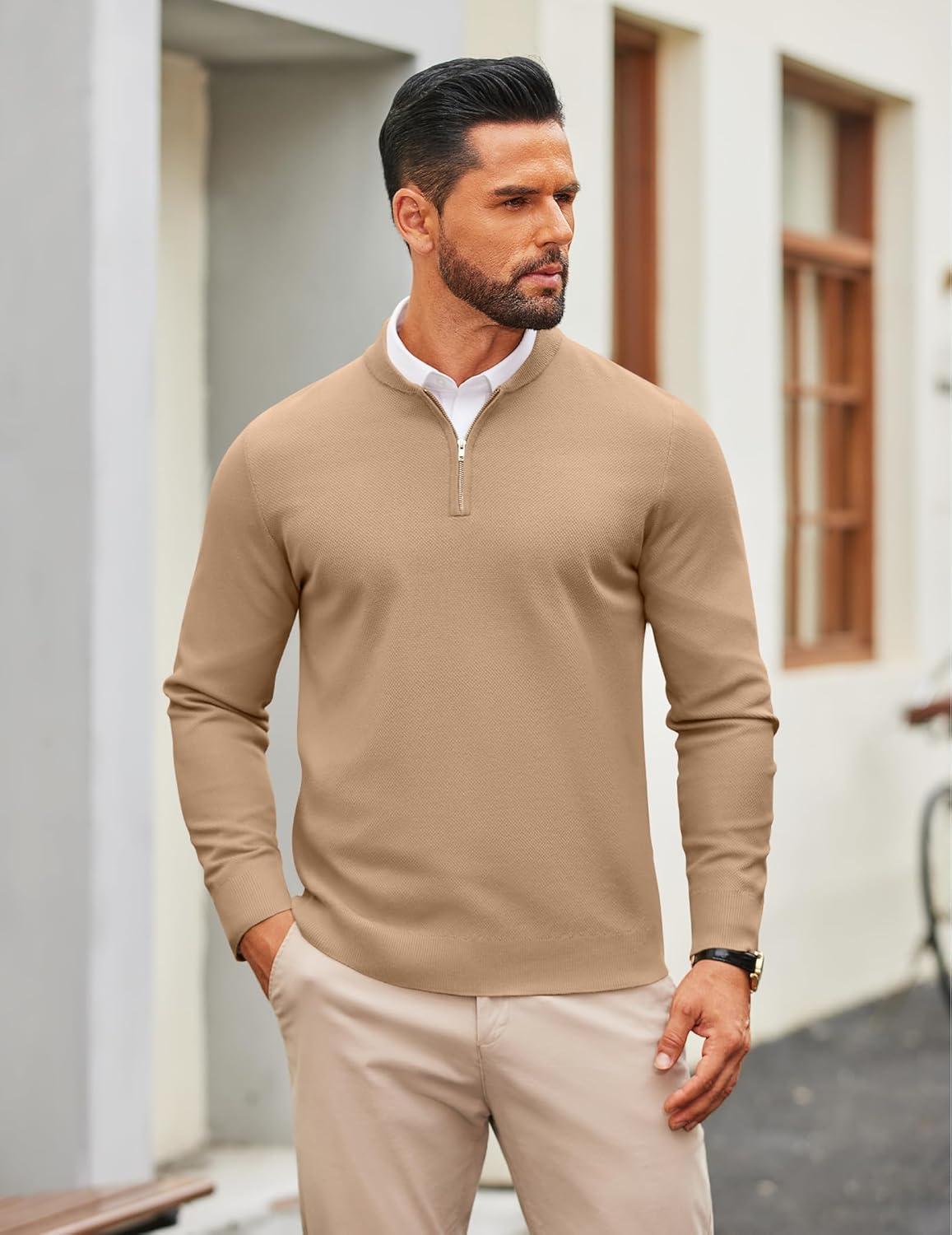 imageCOOFANDY Mens Quarter Zip Pullover Slim Fit Knit Sweater Lightweight Mock Neck Casual SweatersDark Khaki