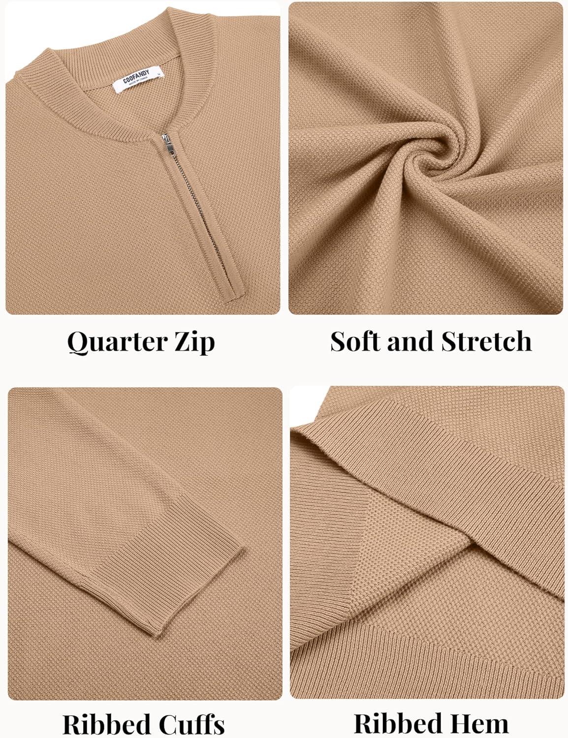 imageCOOFANDY Mens Quarter Zip Pullover Slim Fit Knit Sweater Lightweight Mock Neck Casual SweatersDark Khaki