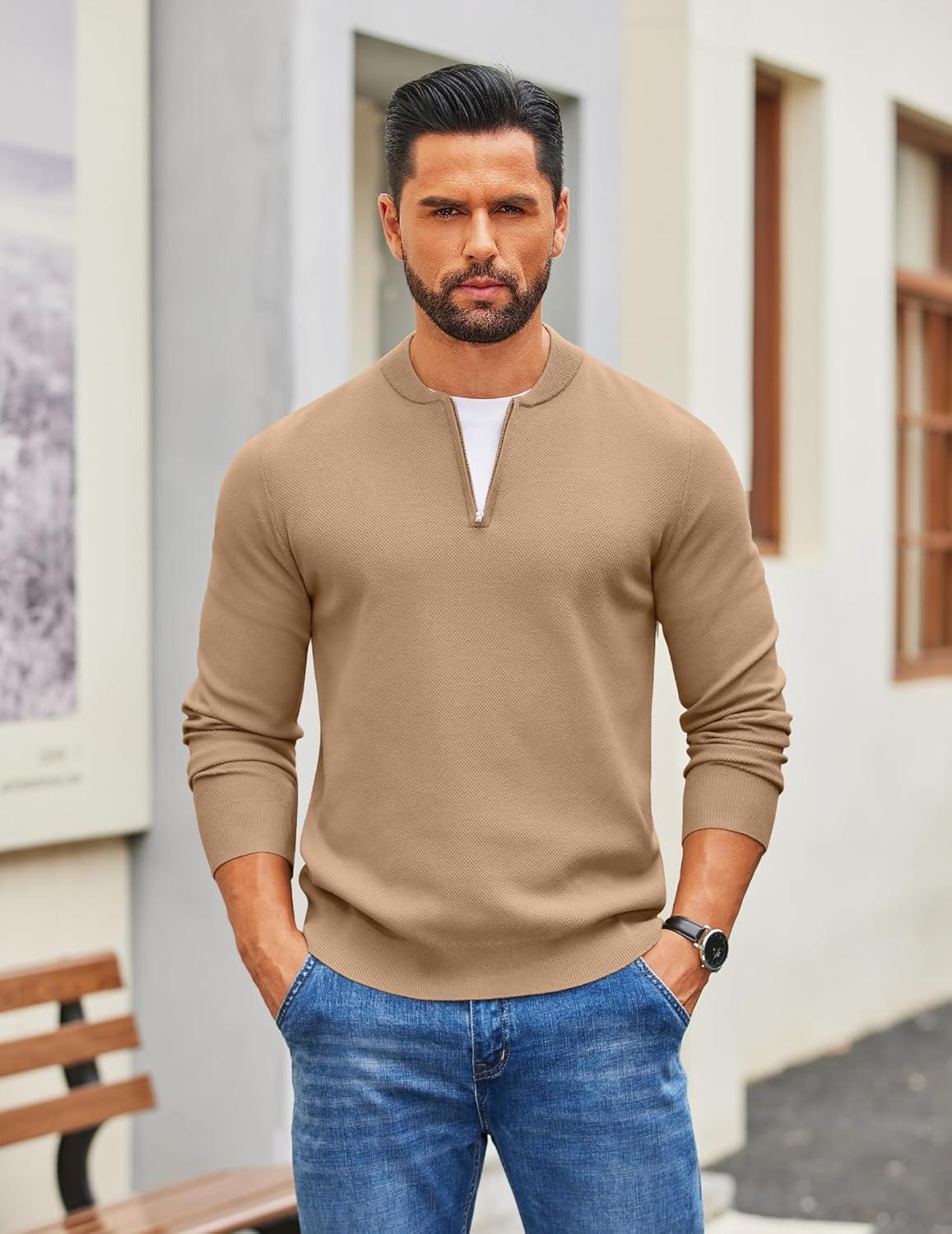 imageCOOFANDY Mens Quarter Zip Pullover Slim Fit Knit Sweater Lightweight Mock Neck Casual SweatersDark Khaki