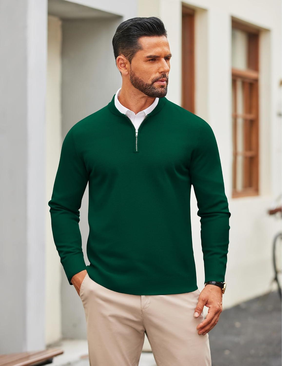imageCOOFANDY Mens Quarter Zip Pullover Slim Fit Knit Sweater Lightweight Mock Neck Casual SweatersGreen