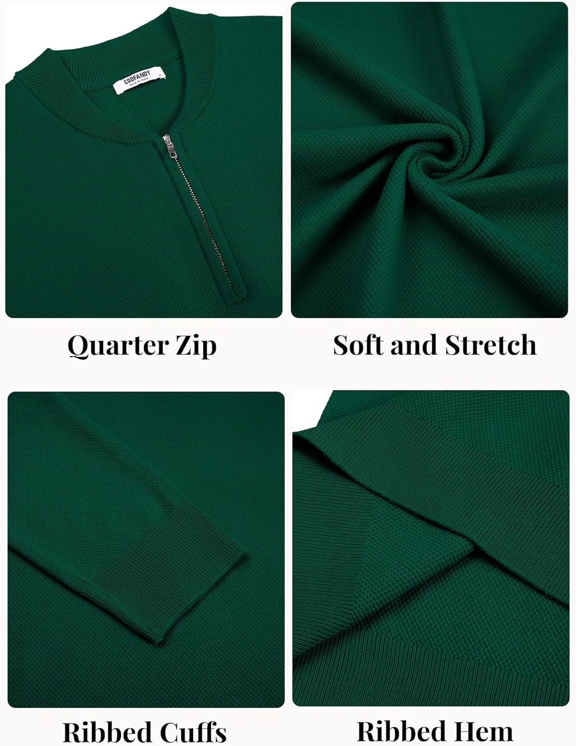 imageCOOFANDY Mens Quarter Zip Pullover Slim Fit Knit Sweater Lightweight Mock Neck Casual SweatersGreen
