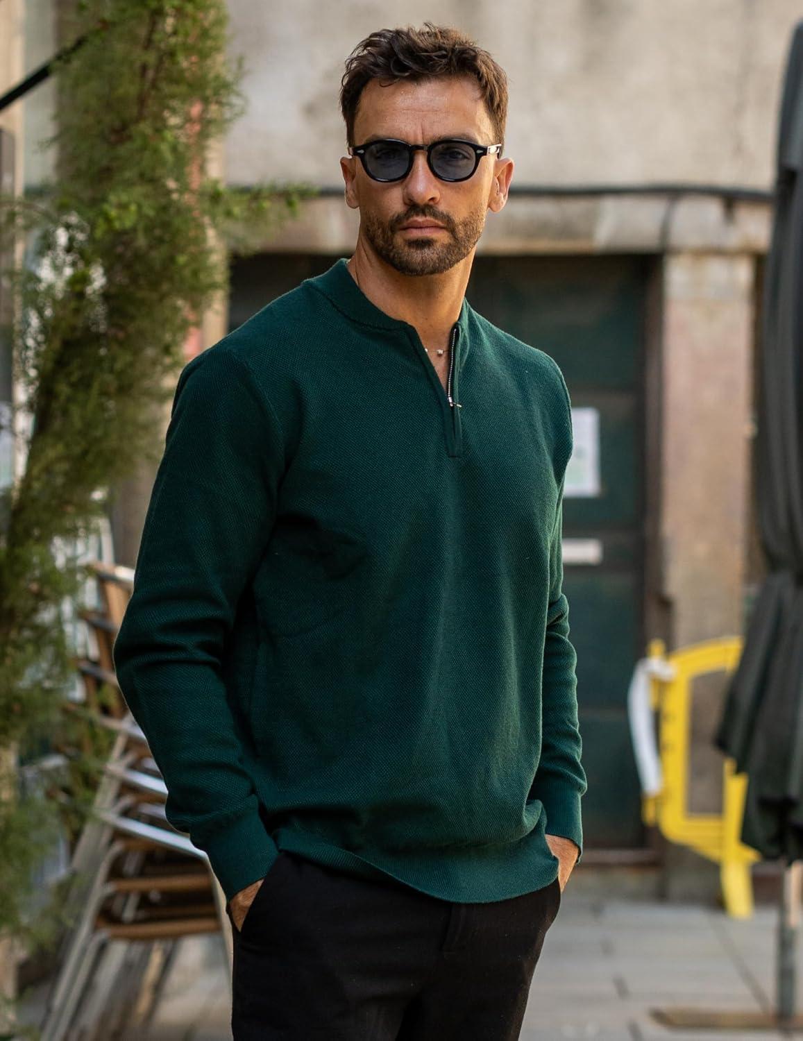 imageCOOFANDY Mens Quarter Zip Pullover Slim Fit Knit Sweater Lightweight Mock Neck Casual SweatersGreen