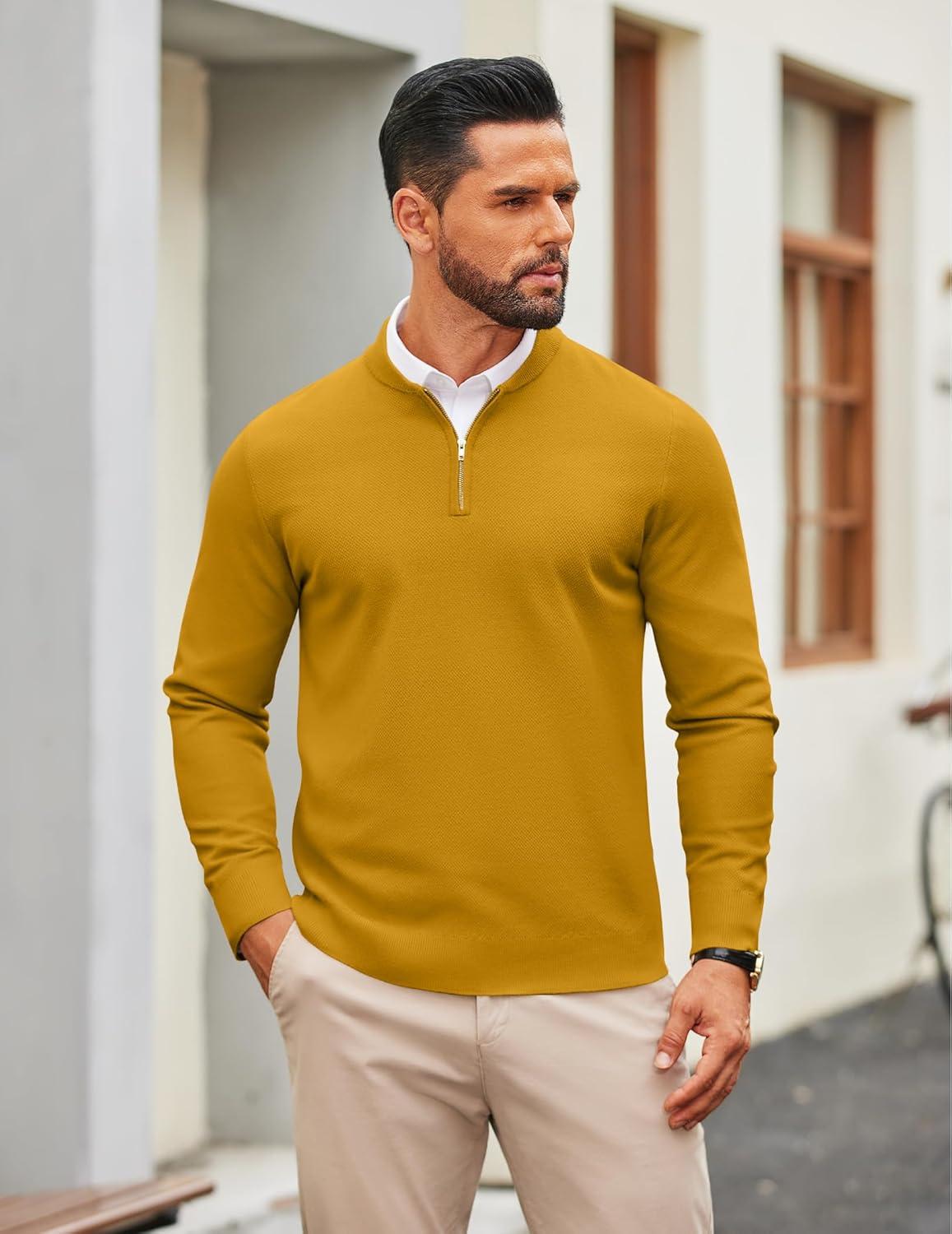 imageCOOFANDY Mens Quarter Zip Pullover Slim Fit Knit Sweater Lightweight Mock Neck Casual SweatersLight Brown