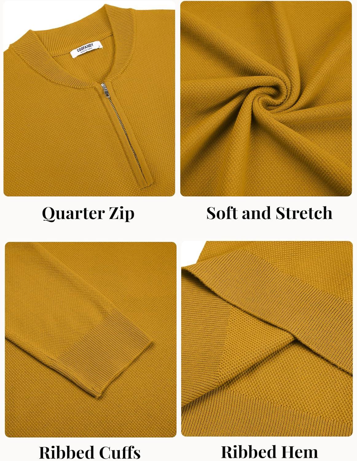 imageCOOFANDY Mens Quarter Zip Pullover Slim Fit Knit Sweater Lightweight Mock Neck Casual SweatersLight Brown