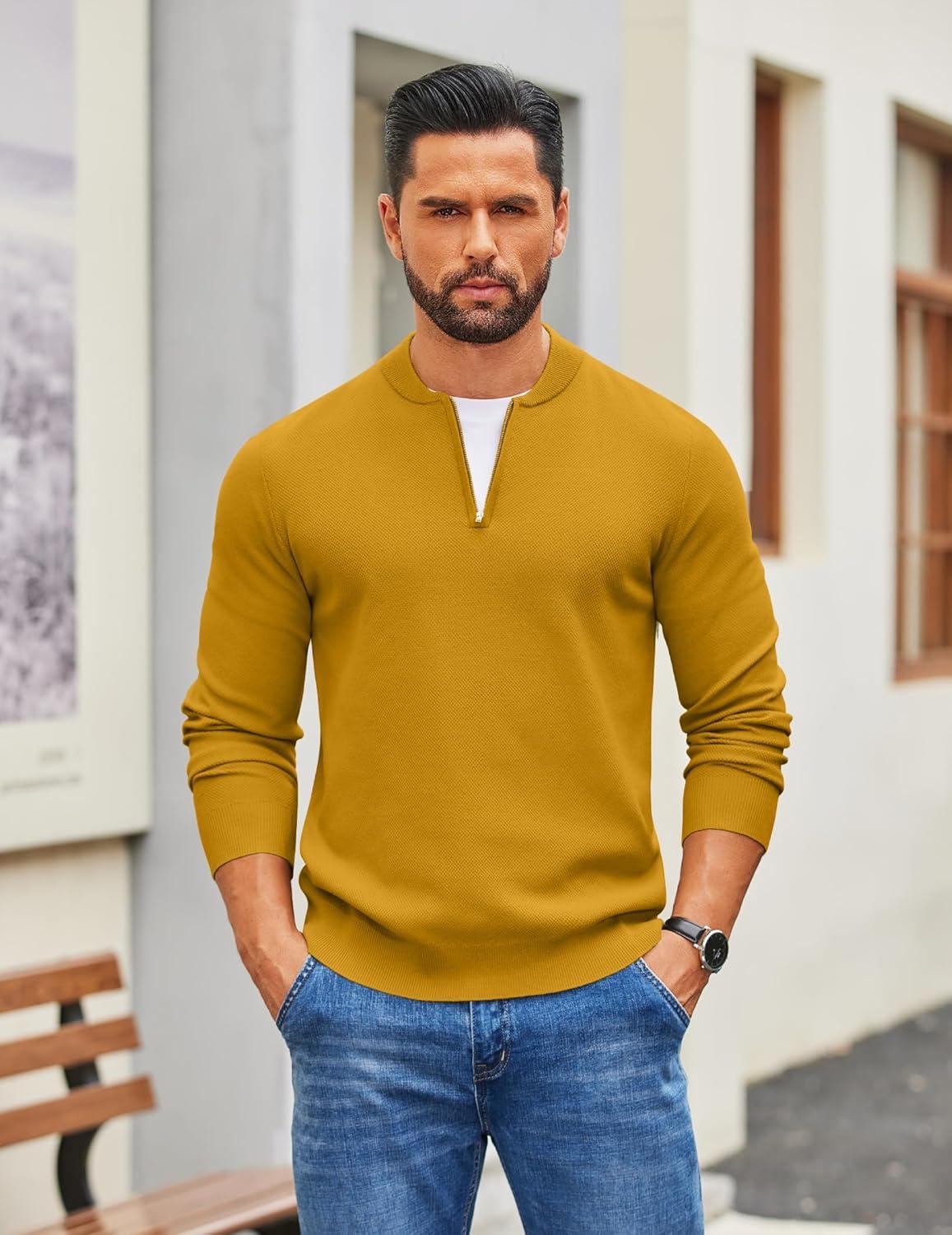 imageCOOFANDY Mens Quarter Zip Pullover Slim Fit Knit Sweater Lightweight Mock Neck Casual SweatersLight Brown