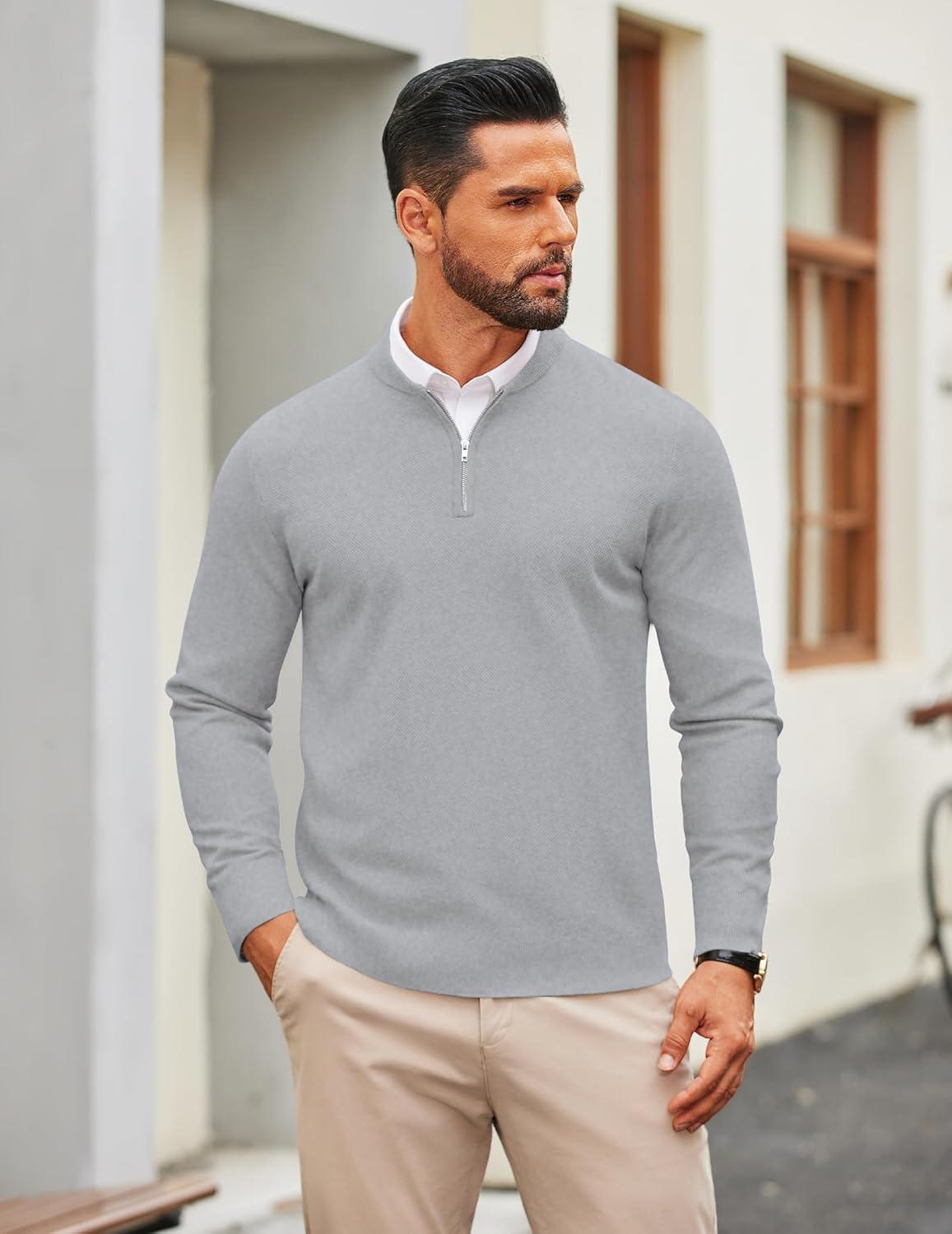 imageCOOFANDY Mens Quarter Zip Pullover Slim Fit Knit Sweater Lightweight Mock Neck Casual SweatersLight Grey