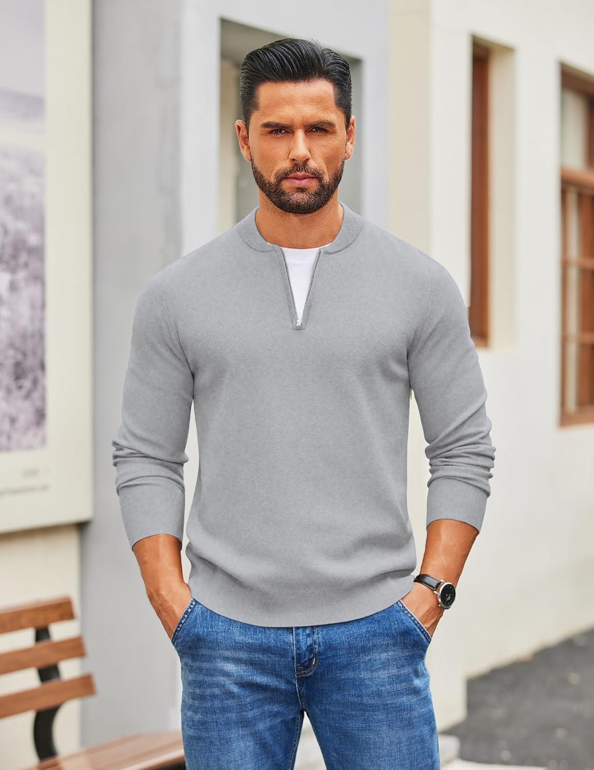 imageCOOFANDY Mens Quarter Zip Pullover Slim Fit Knit Sweater Lightweight Mock Neck Casual SweatersLight Grey