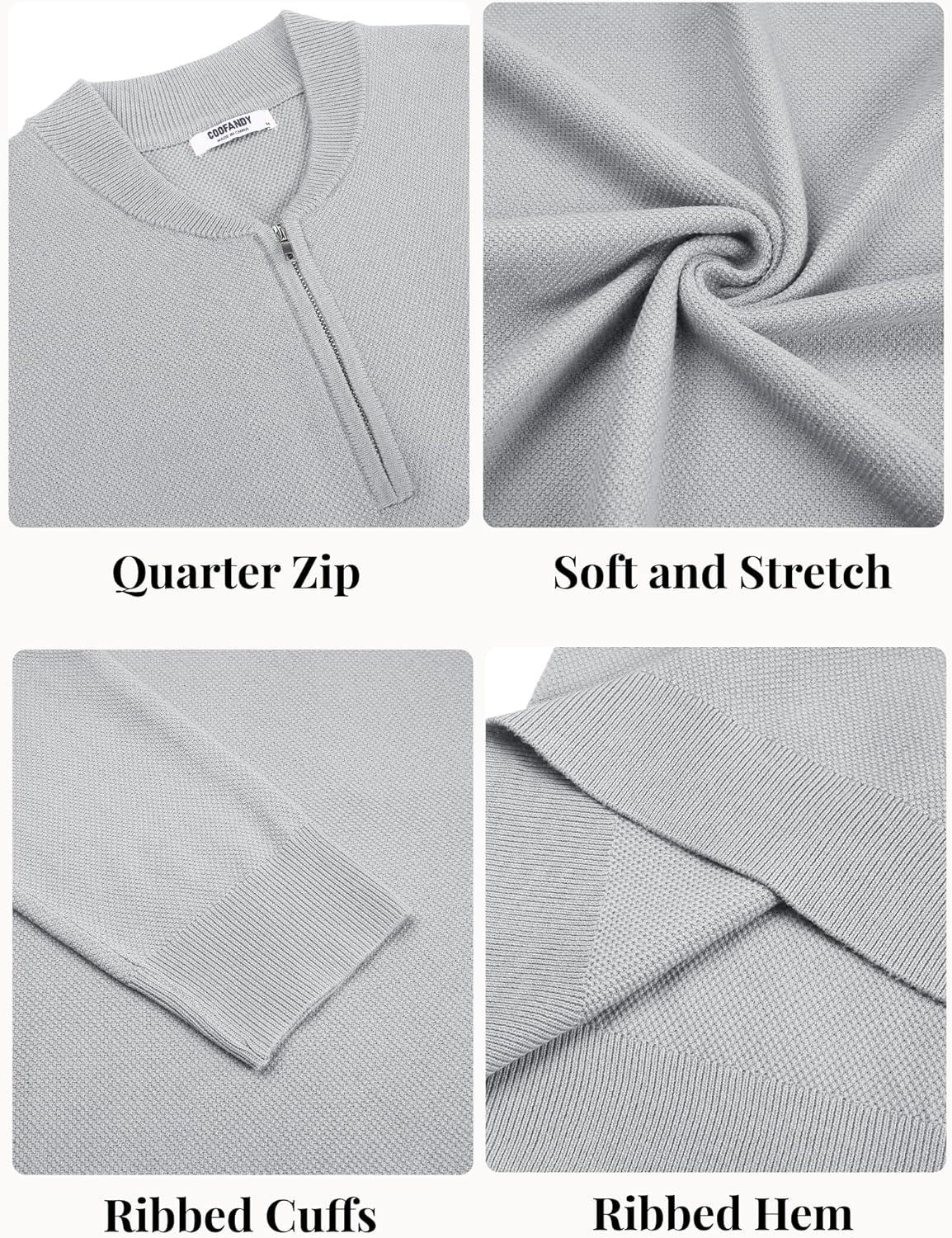 imageCOOFANDY Mens Quarter Zip Pullover Slim Fit Knit Sweater Lightweight Mock Neck Casual SweatersLight Grey