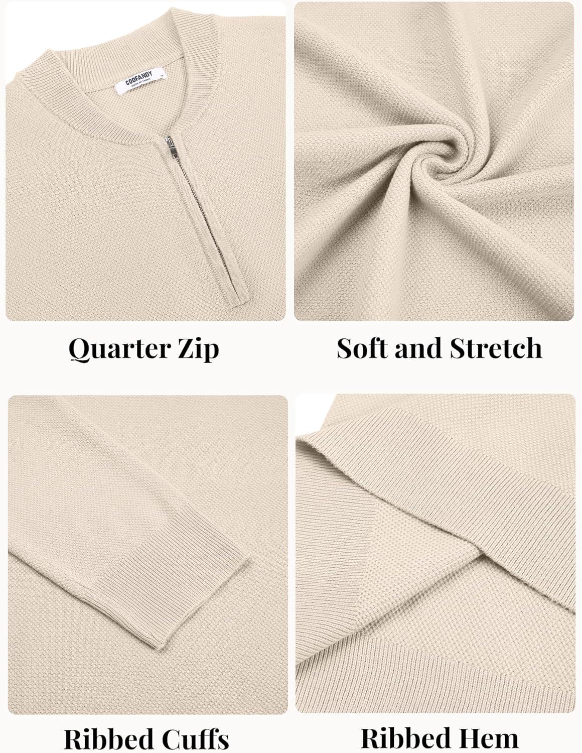 imageCOOFANDY Mens Quarter Zip Pullover Slim Fit Knit Sweater Lightweight Mock Neck Casual SweatersLight Khaki