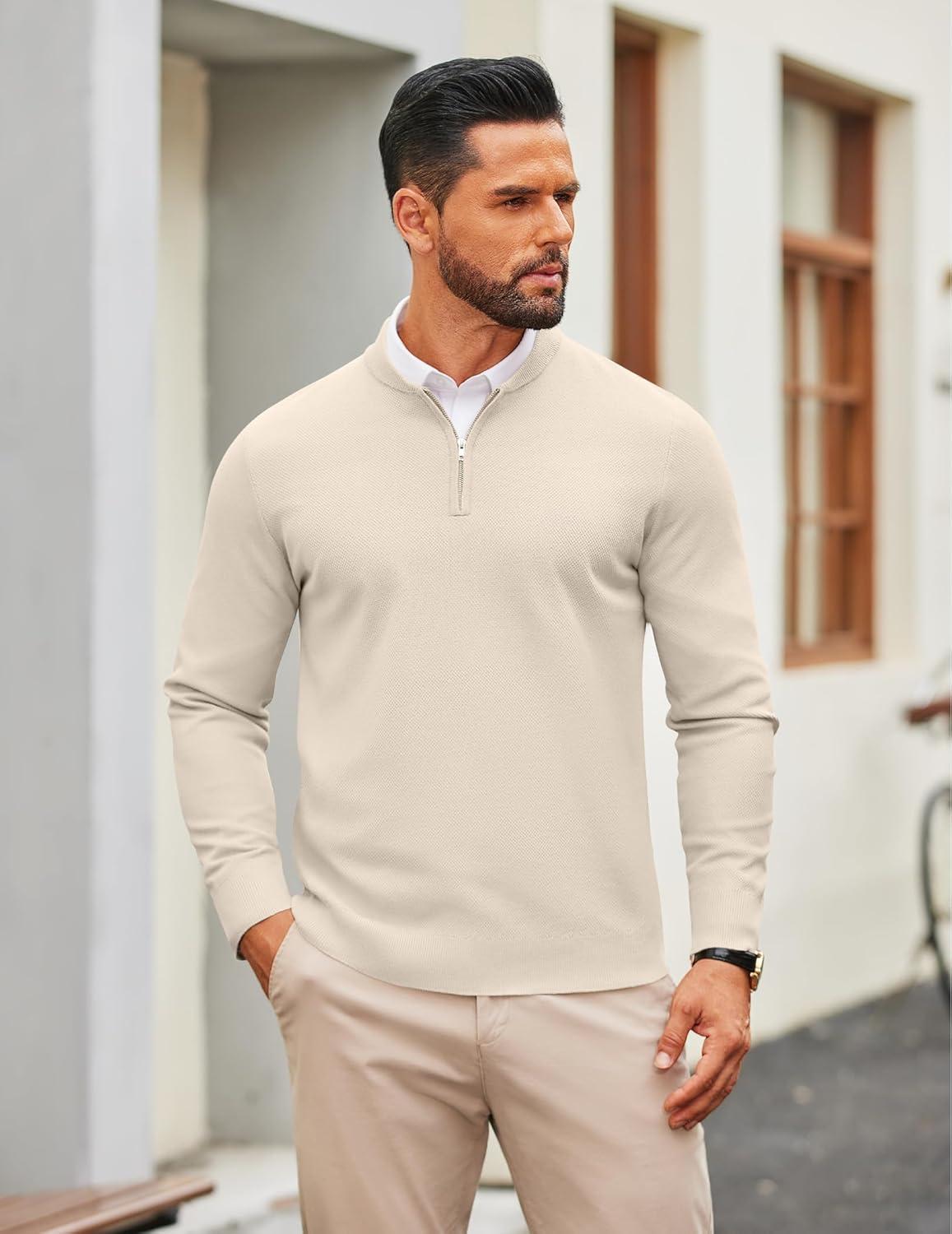 imageCOOFANDY Mens Quarter Zip Pullover Slim Fit Knit Sweater Lightweight Mock Neck Casual SweatersLight Khaki