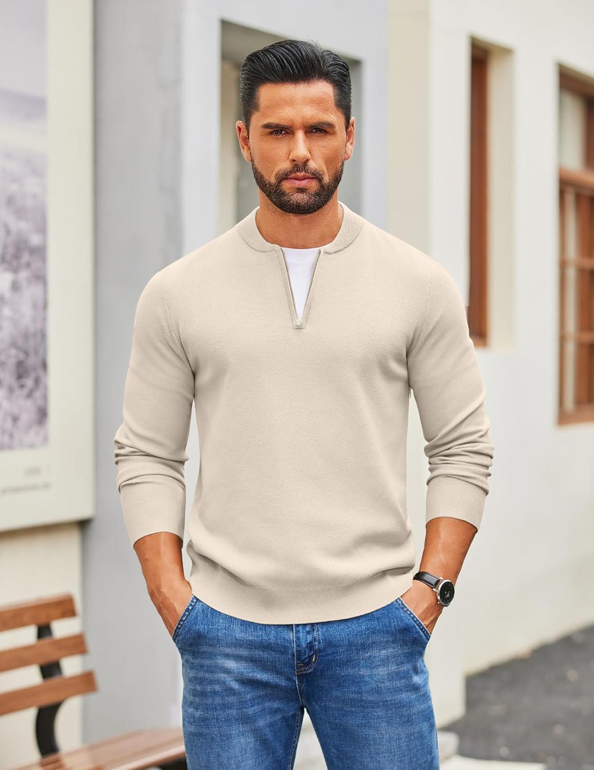 imageCOOFANDY Mens Quarter Zip Pullover Slim Fit Knit Sweater Lightweight Mock Neck Casual SweatersLight Khaki