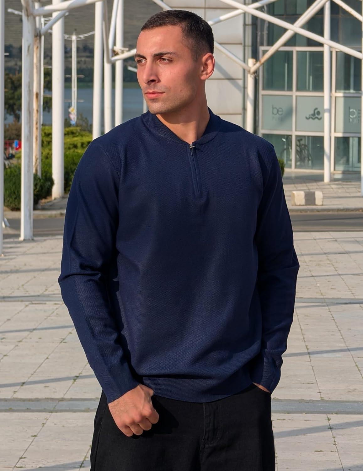 imageCOOFANDY Mens Quarter Zip Pullover Slim Fit Knit Sweater Lightweight Mock Neck Casual SweatersNavy Blue