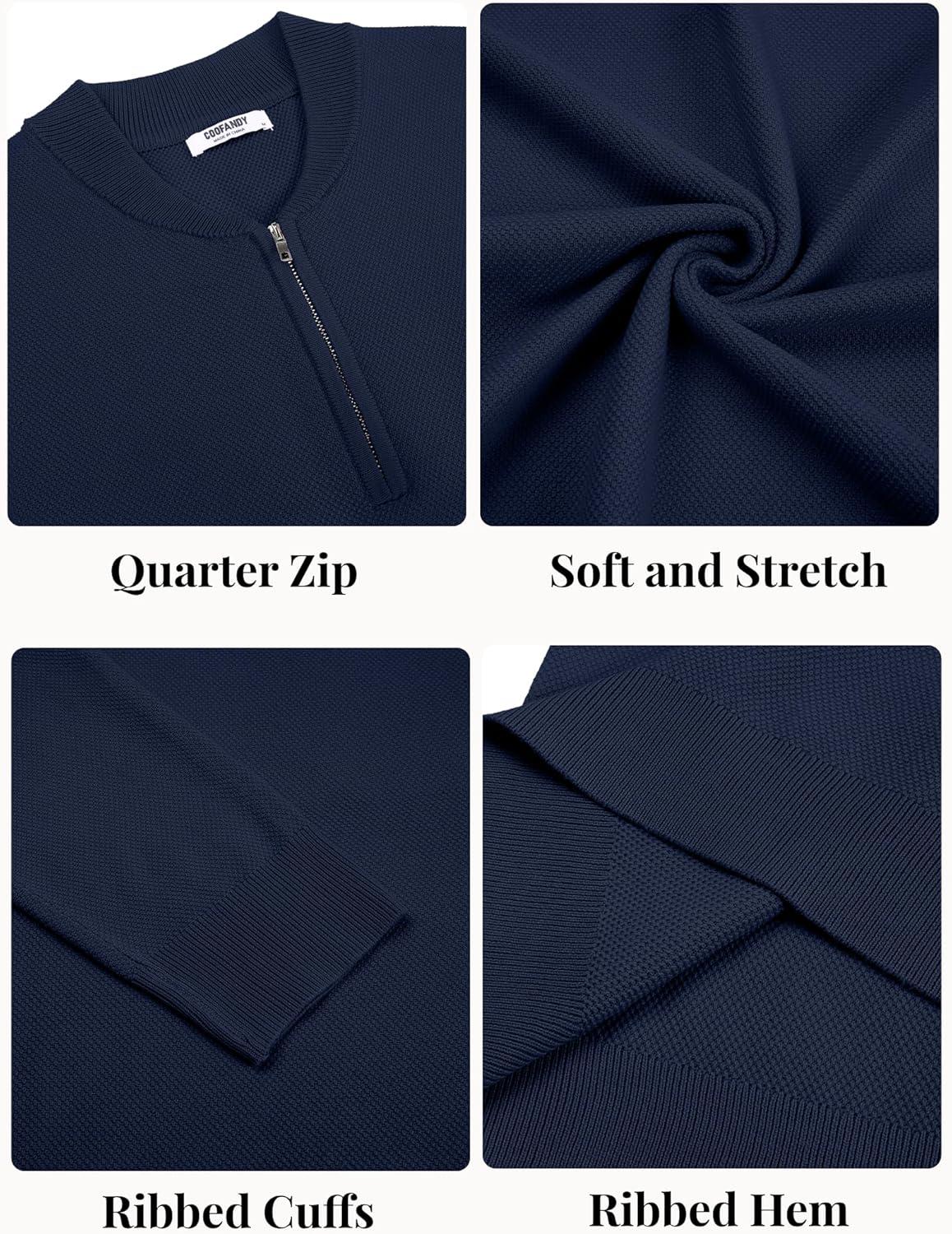 imageCOOFANDY Mens Quarter Zip Pullover Slim Fit Knit Sweater Lightweight Mock Neck Casual SweatersNavy Blue