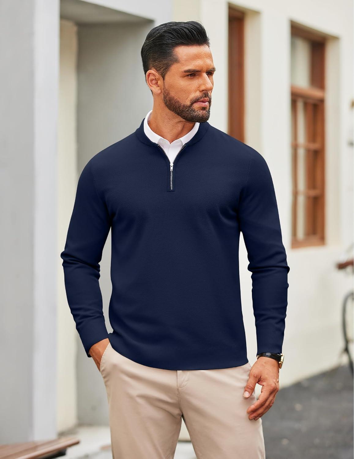 imageCOOFANDY Mens Quarter Zip Pullover Slim Fit Knit Sweater Lightweight Mock Neck Casual SweatersNavy Blue