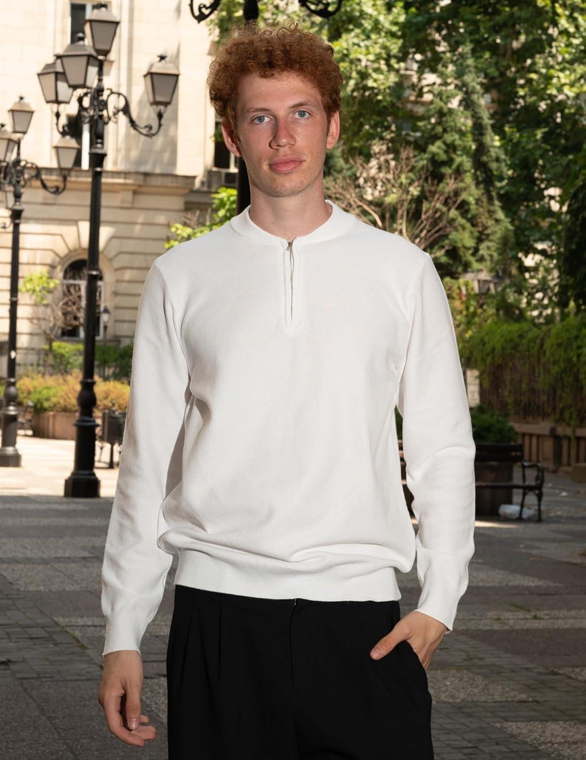imageCOOFANDY Mens Quarter Zip Pullover Slim Fit Knit Sweater Lightweight Mock Neck Casual SweatersWhite