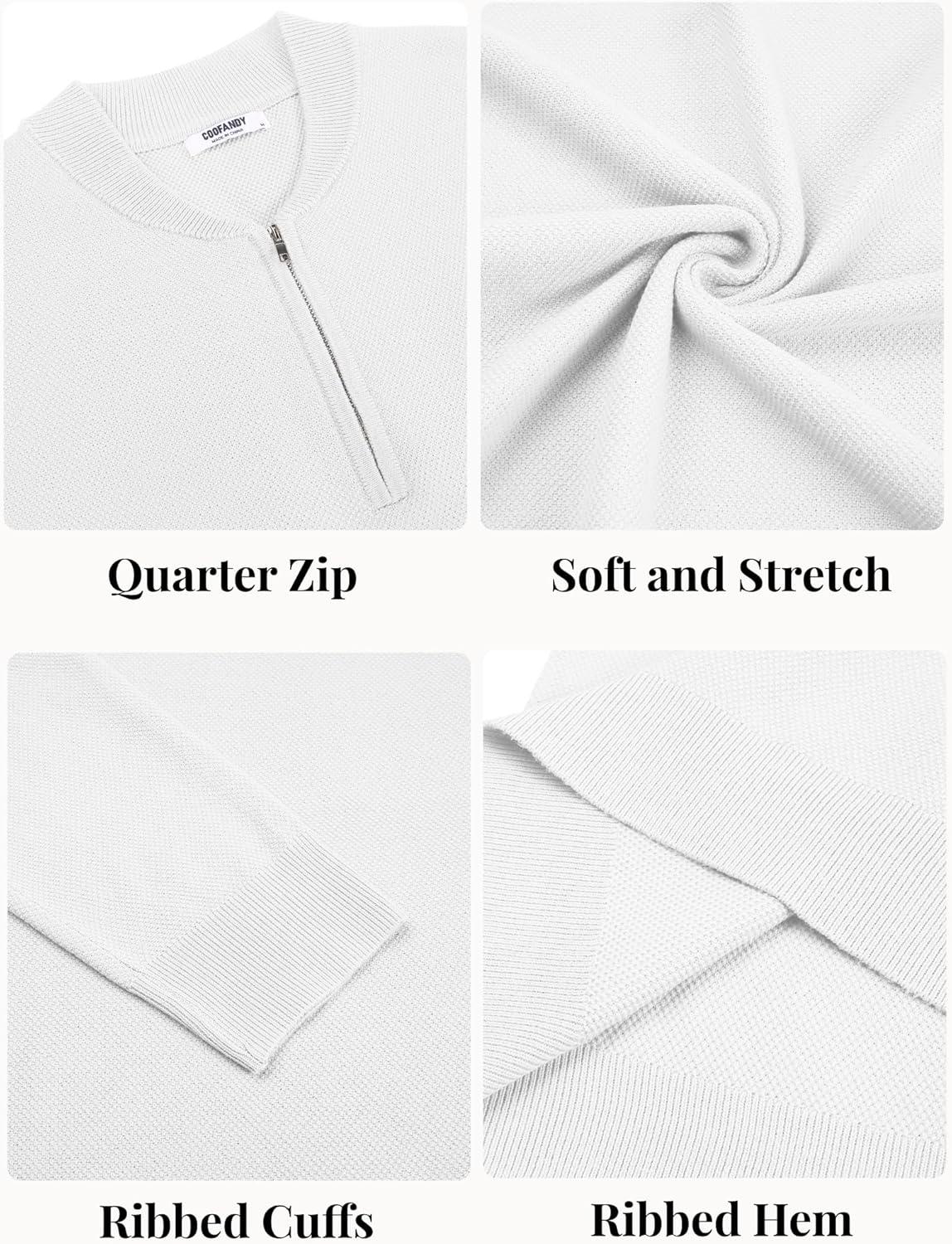 imageCOOFANDY Mens Quarter Zip Pullover Slim Fit Knit Sweater Lightweight Mock Neck Casual SweatersWhite