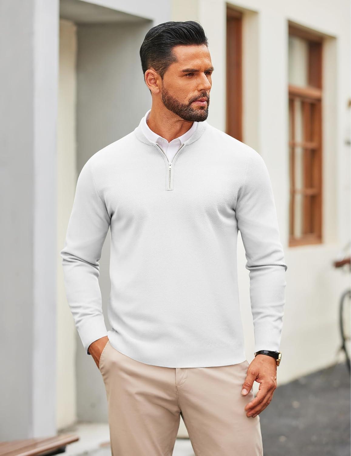 imageCOOFANDY Mens Quarter Zip Pullover Slim Fit Knit Sweater Lightweight Mock Neck Casual SweatersWhite