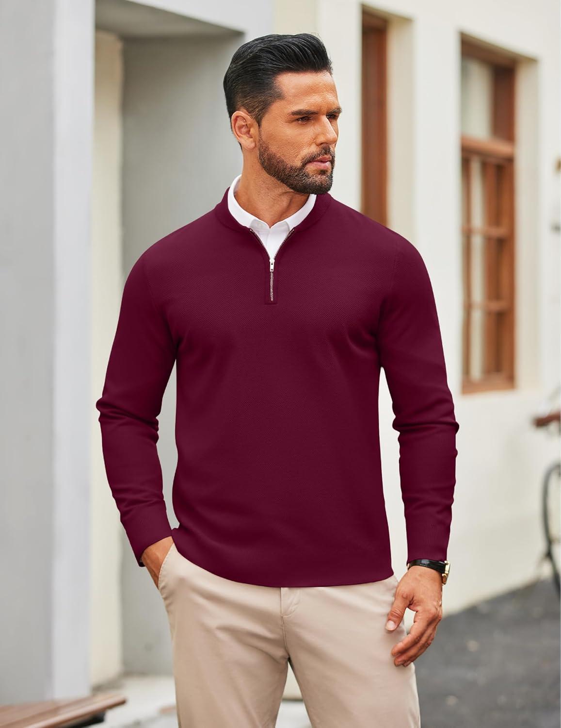 imageCOOFANDY Mens Quarter Zip Pullover Slim Fit Knit Sweater Lightweight Mock Neck Casual SweatersWine Red