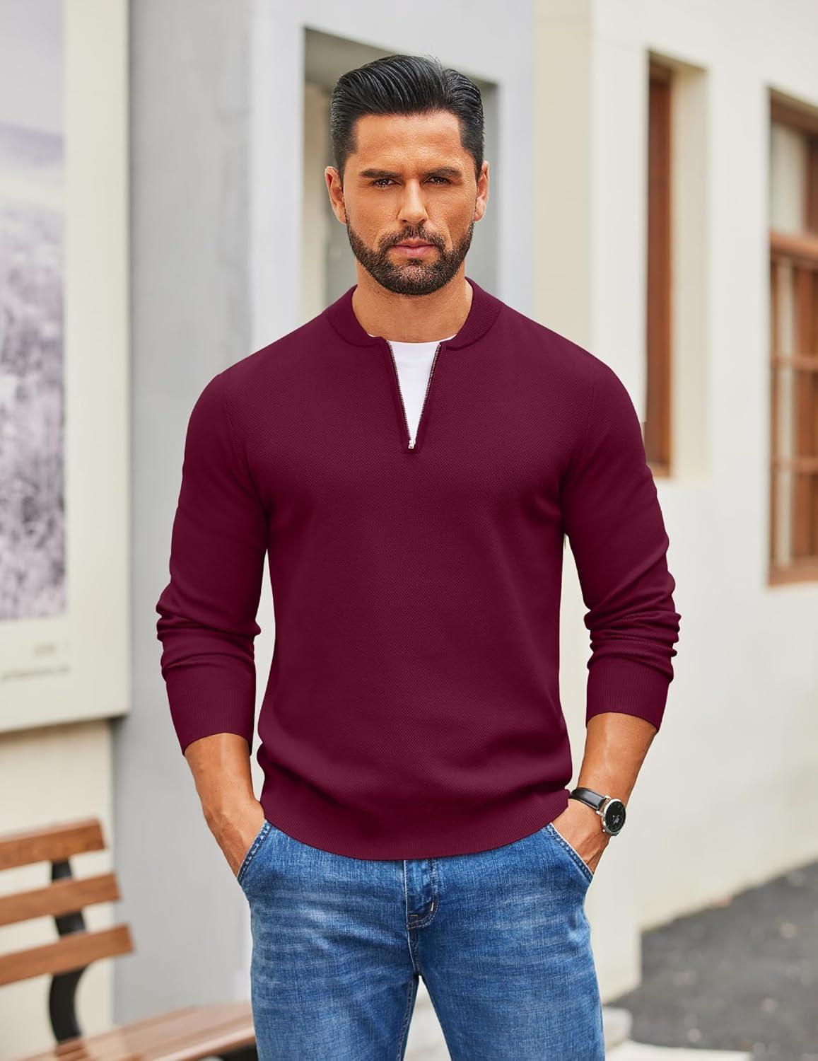 imageCOOFANDY Mens Quarter Zip Pullover Slim Fit Knit Sweater Lightweight Mock Neck Casual SweatersWine Red