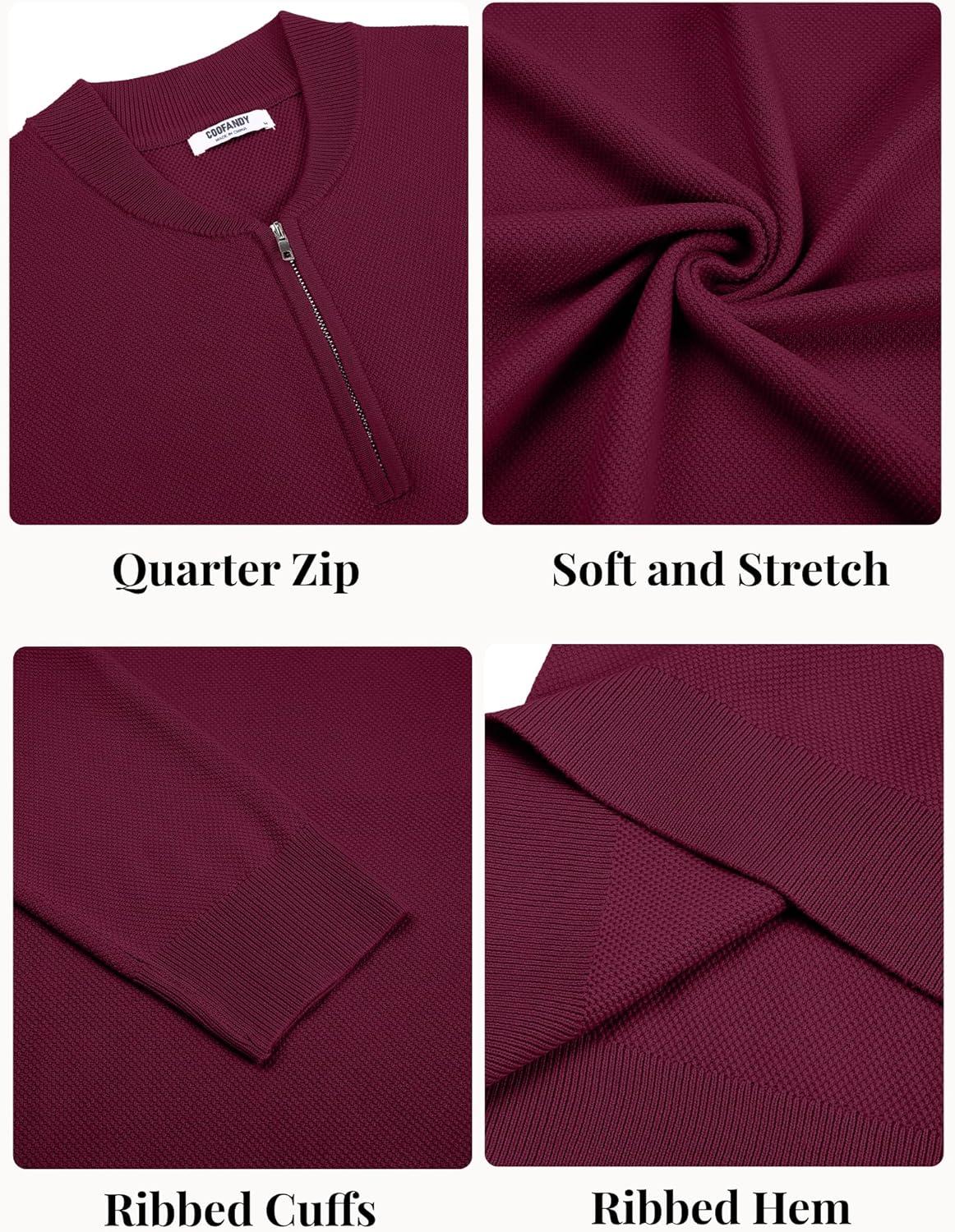 imageCOOFANDY Mens Quarter Zip Pullover Slim Fit Knit Sweater Lightweight Mock Neck Casual SweatersWine Red