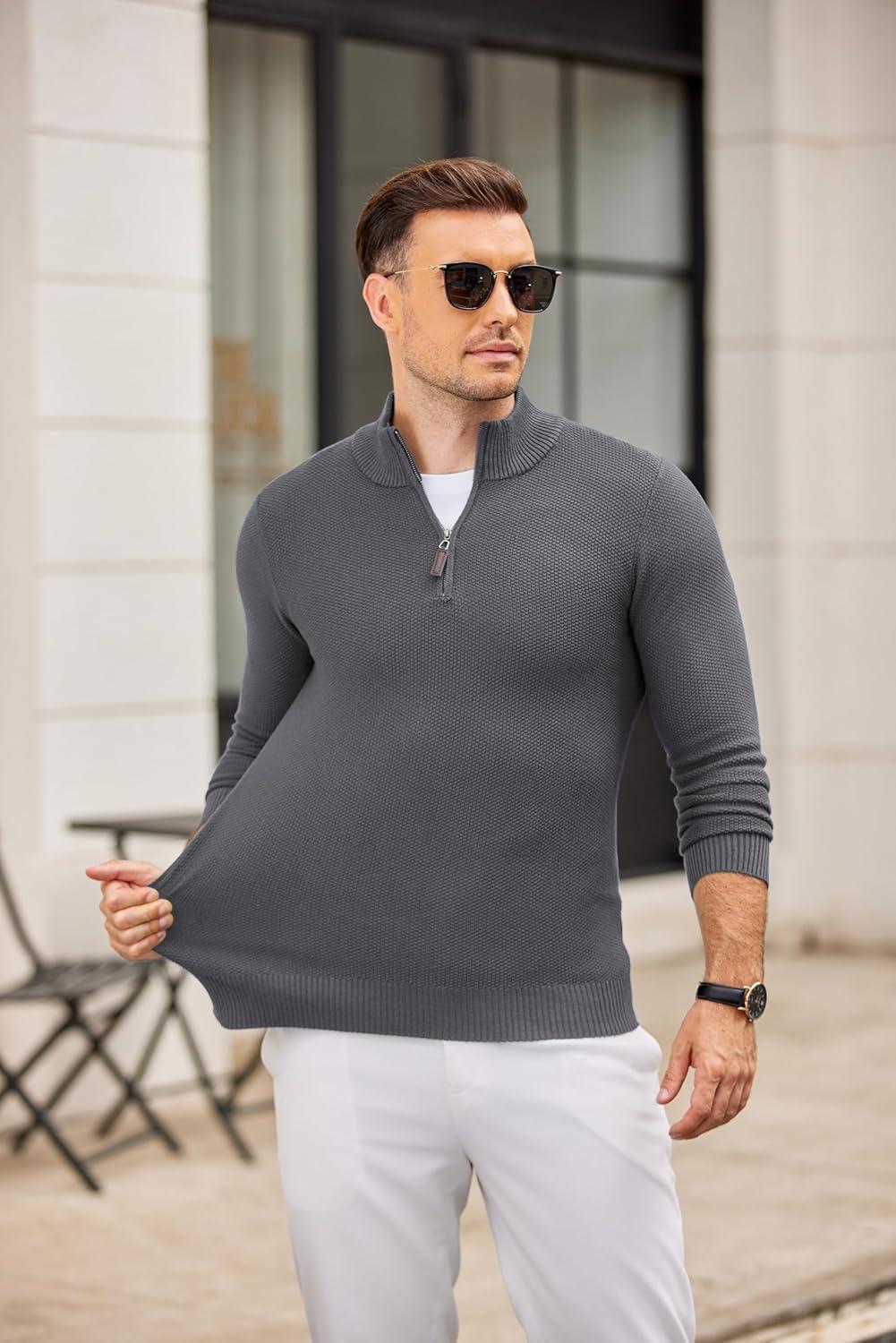 imageCOOFANDY Mens Quarter Zip Pullover Sweater Slim Fit Knit Mock Neck Polo SweatersDark Grey