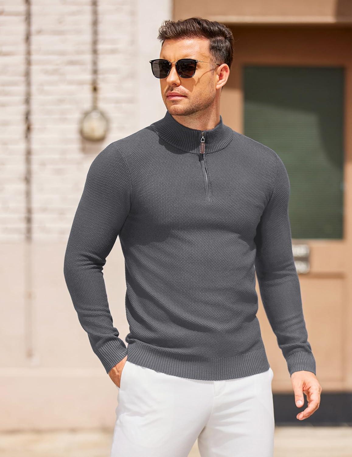 imageCOOFANDY Mens Quarter Zip Pullover Sweater Slim Fit Knit Mock Neck Polo SweatersDark Grey