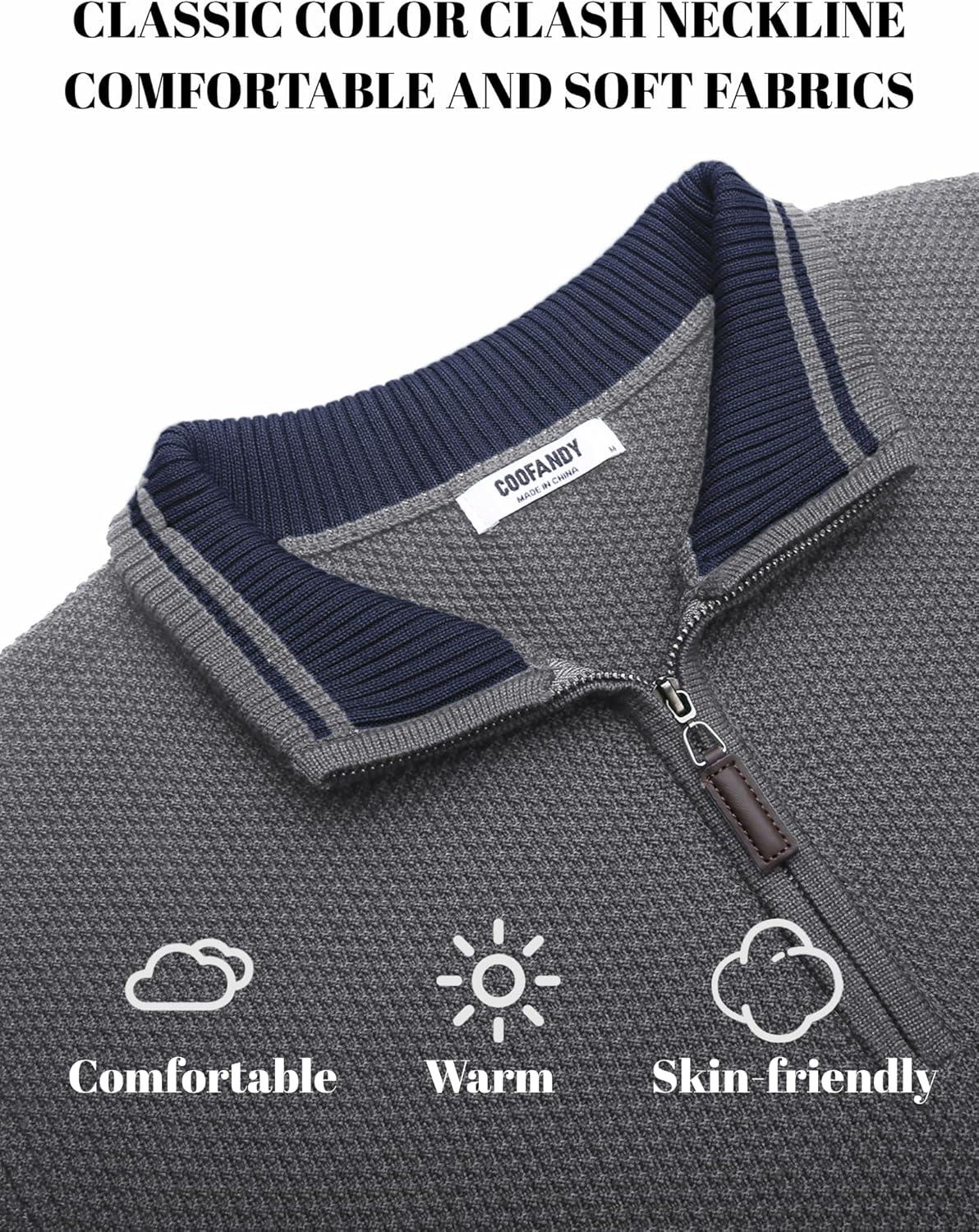 imageCOOFANDY Mens Quarter Zip Pullover Sweater Slim Fit Knit Mock Neck Polo SweatersDark Grey