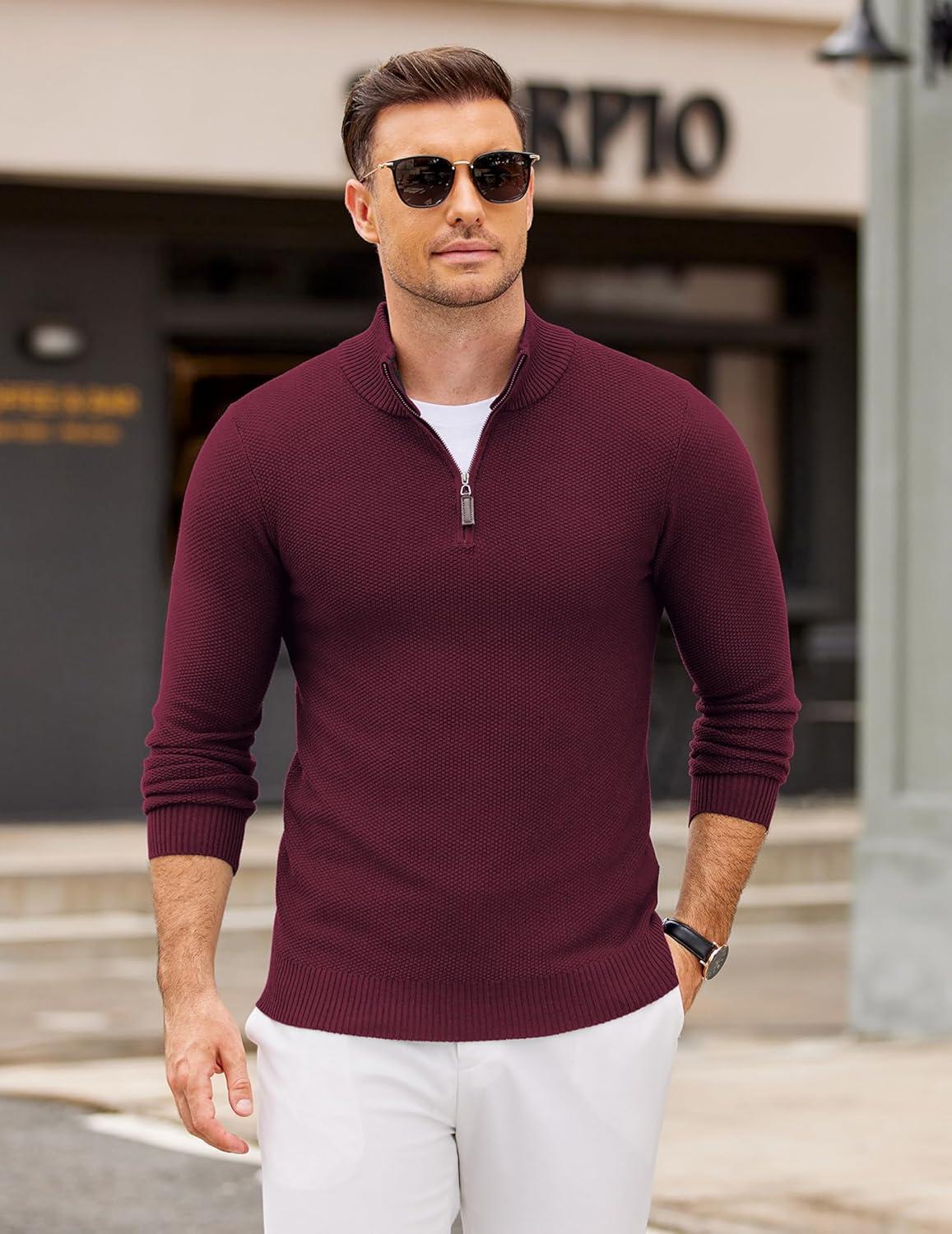 imageCOOFANDY Mens Quarter Zip Pullover Sweater Slim Fit Knit Mock Neck Polo SweatersDark Red